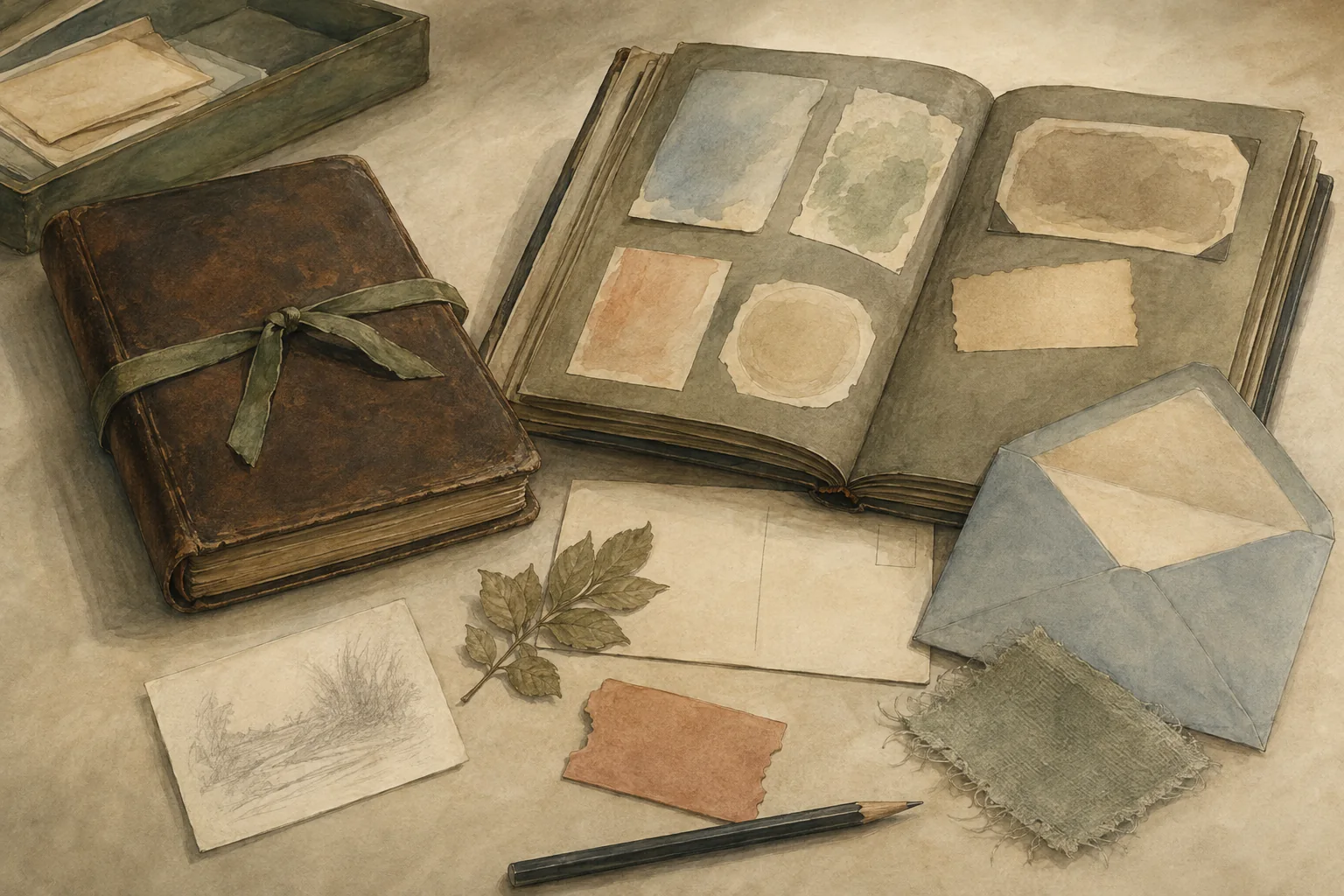 KI-generierte Illustration: Ein geschlossenes Ledertagebuch und ein offenes Album mit leeren farbigen Papierflächen liegen zwischen Umschlag, Blatt, Bleistift und Stoffprobe