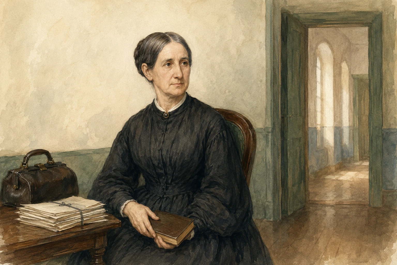 KI-generierte Illustration: Dorothea Dix sitzt mit geschlossenem Buch, Petitionen und einer unmarkierten medizinischen Tasche in einem erfundenen Anstaltskorridor
