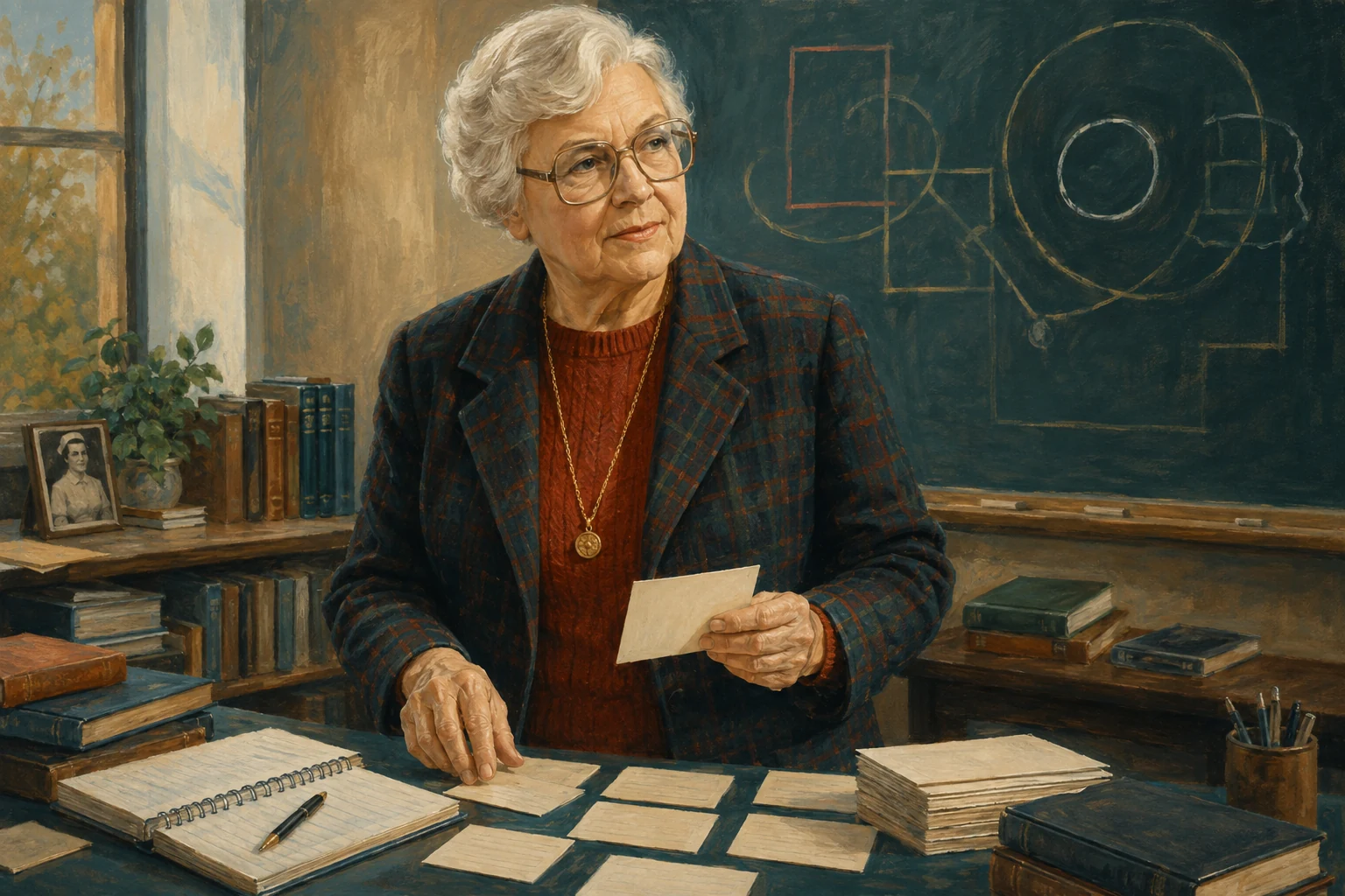 KI-generierte Illustration: Die ältere Dorothea Orem mit großer Brille, rotem Pullover und dunkler karierter Jacke arbeitet in einem Seminar mit Karten
