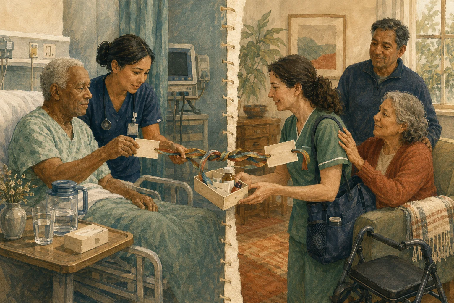 KI-generierte Illustration: Eine fiktive Patientin prüft mit einer Pflegefachperson eine durchgehende Nahtstelle zwischen Krankenhauszimmer und vorbereitetem Zuhause mit Kontakten, Hilfsmittelplatz und Rückweg