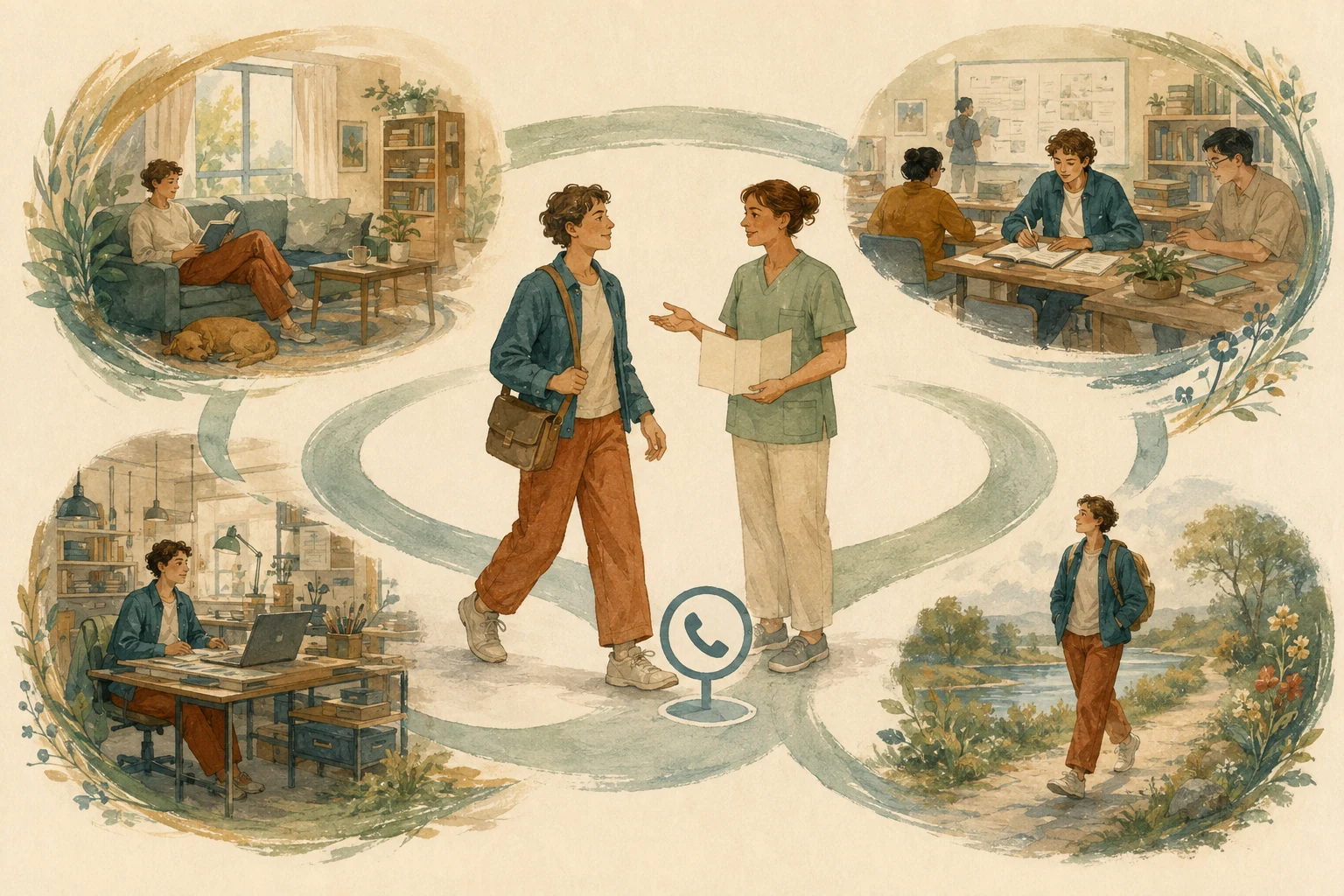 KI-generierte Illustration: Eine fiktive Person bewegt sich selbstbestimmt zwischen Schule, Arbeit, Sport und Zuhause, verbunden durch einen offenen Kreis aus vereinbartem Plan, Kontakt und Unterstützung