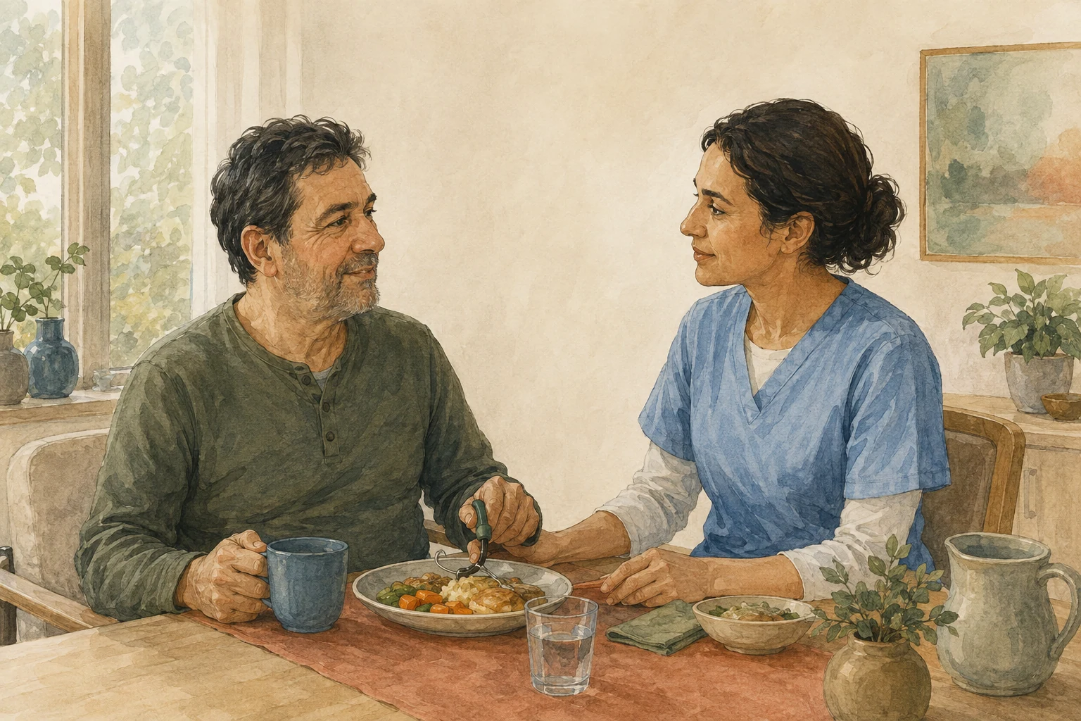 KI-generierte Illustration: Ein Mann hält selbst eine Tasse und führt Besteck, während eine Pflegefachperson ihm auf Augenhöhe aufmerksam assistiert