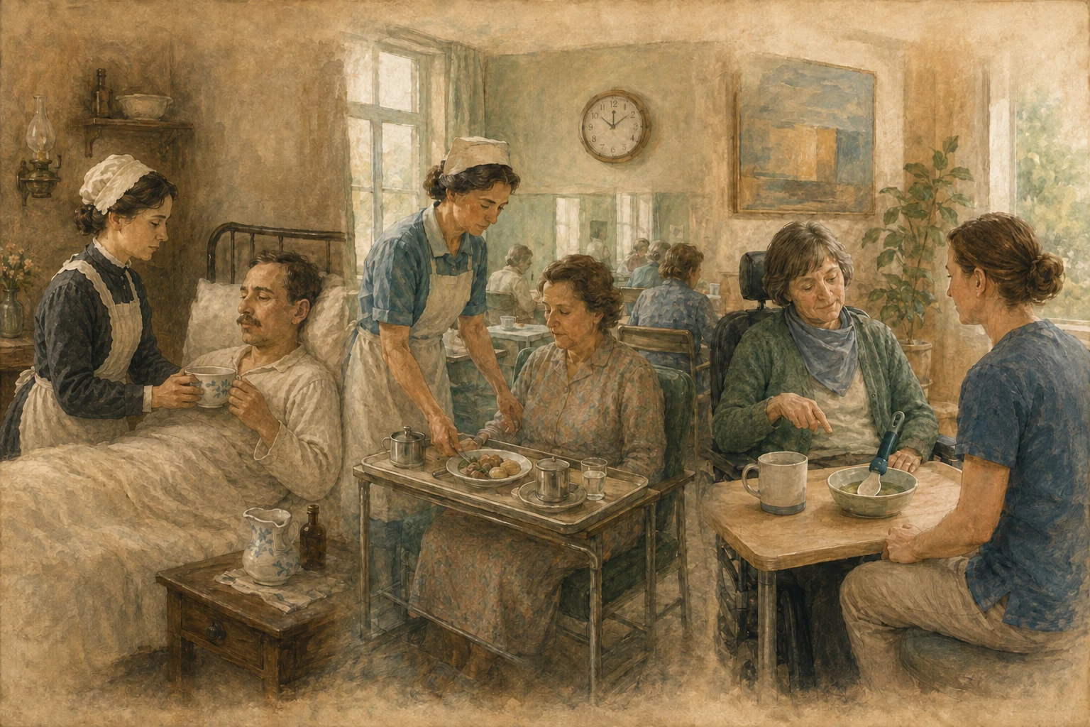 KI-generierte Illustration: Drei verbundene Szenen zeigen historische Hilfe am Krankenbett, eine institutionelle Mahlzeit und personenzentrierte Unterstützung heute