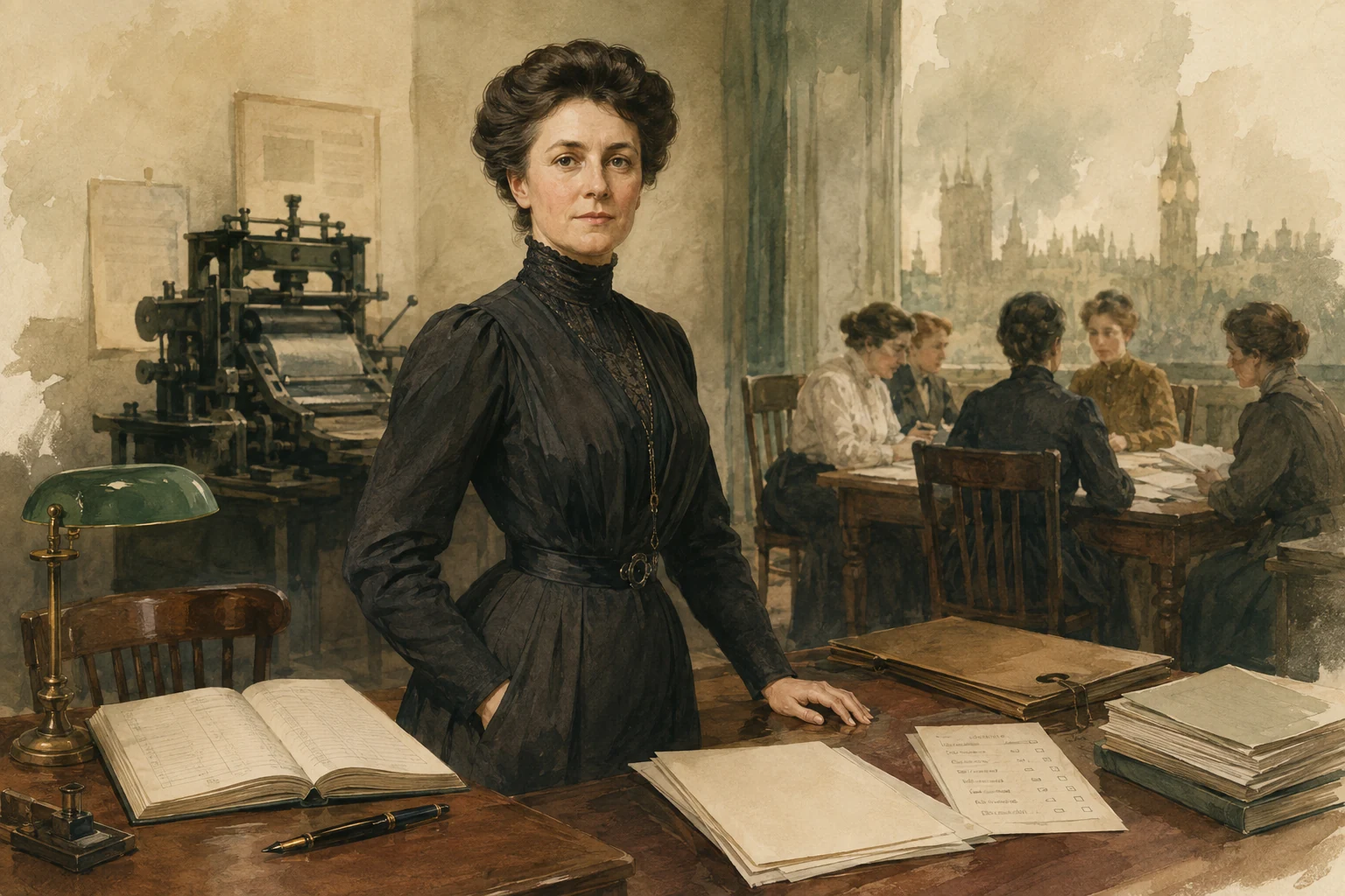 KI-generierte Illustration: Ethel Gordon Fenwick steht in dunklem edwardianischem Kleid zwischen leerem Register, Druckerpresse und einem erfundenen Sitzungstisch