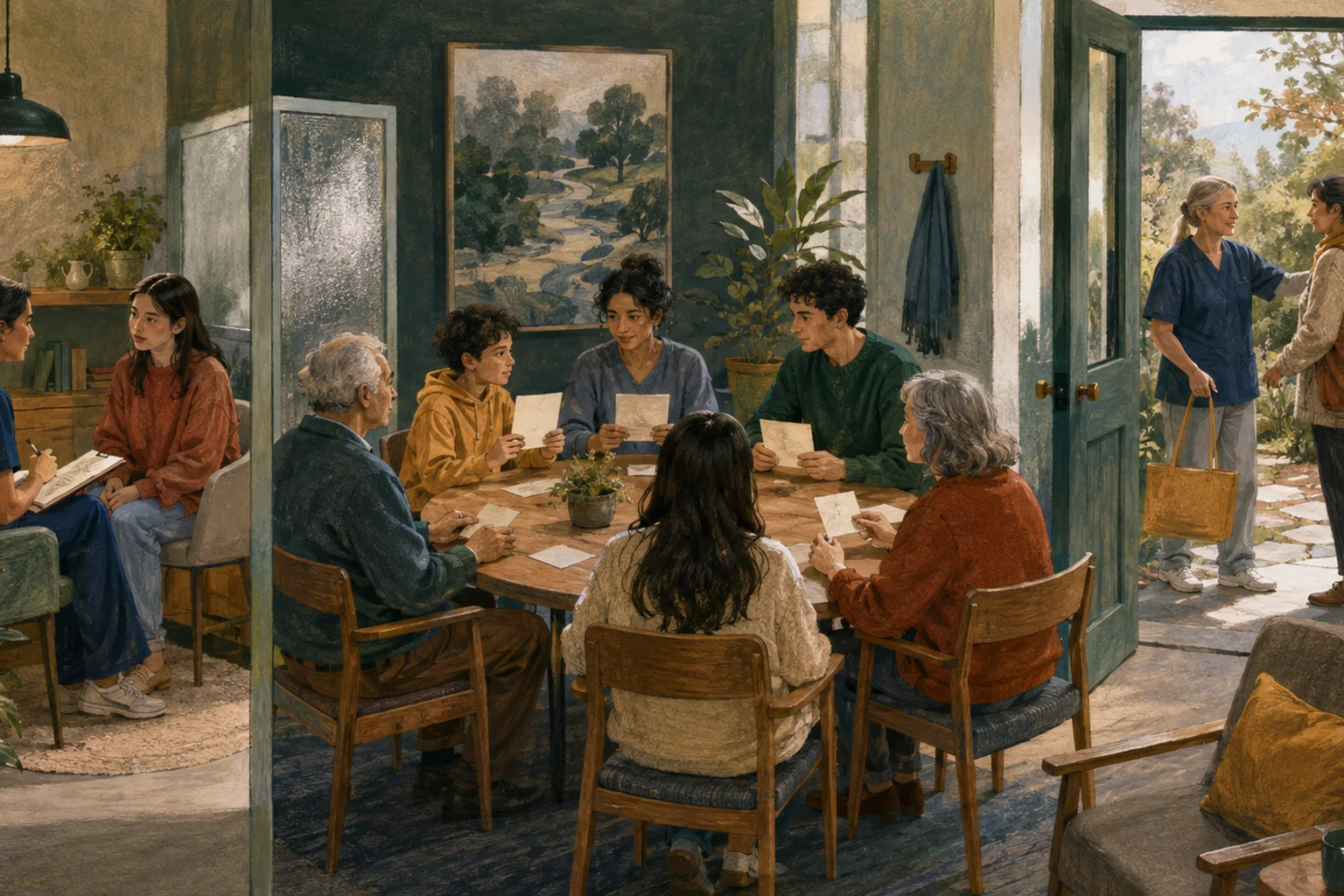 KI-generierte Illustration: In einer fiktiven Familienberatung bleiben gemeinsamer Tisch, vertrauliches Einzelgespräch und Entlastung als drei gleichwertige Wege offen