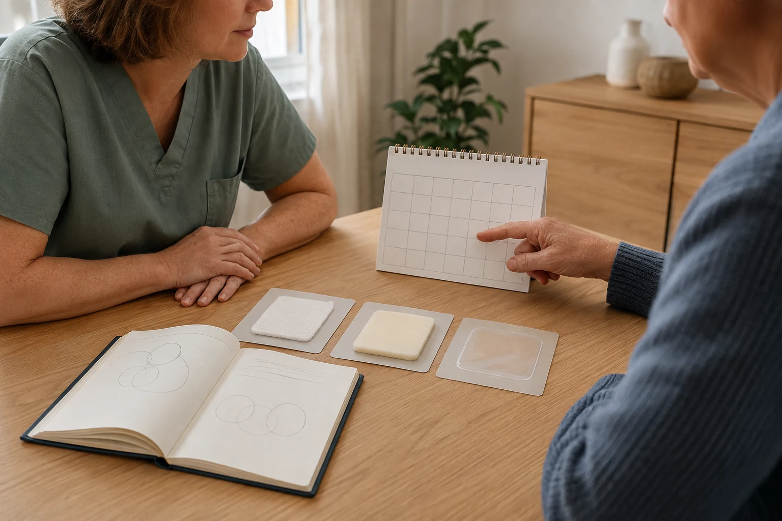 KI-generierte Illustration: Eine fiktive Patientin und eine Pflegefachperson vergleichen gemeinsam drei unbeschriftete Materialmuster an einem Tisch