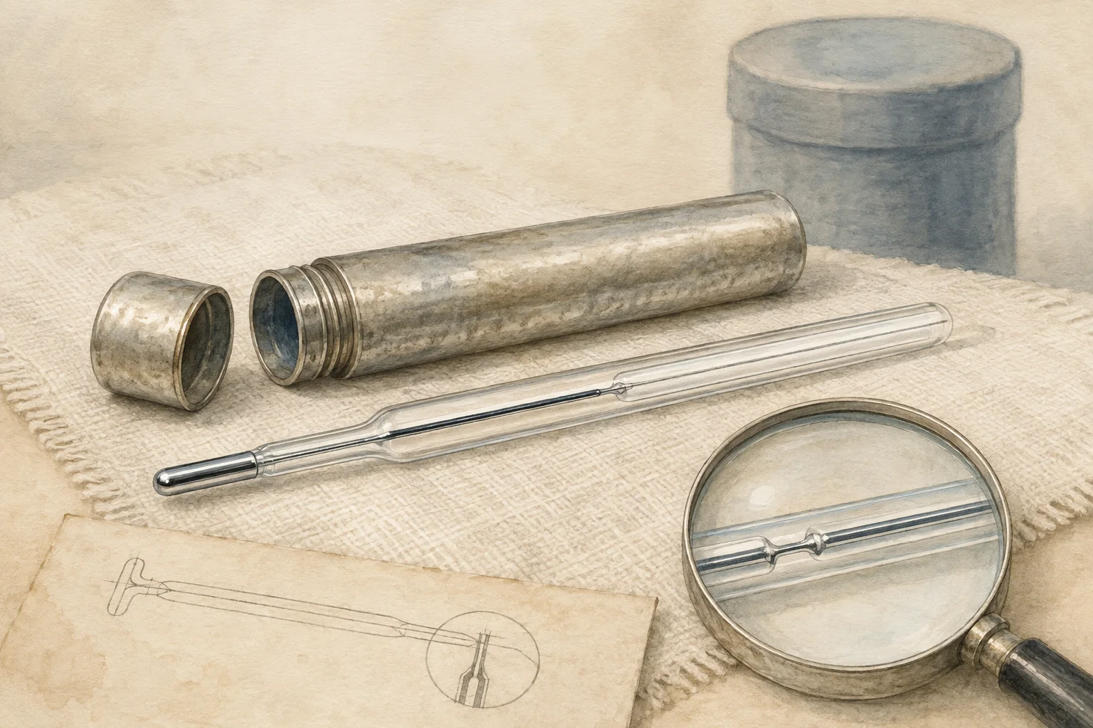 KI-generierte Illustration: Ein schmales Glasthermometer liegt vor einem offenen Metallköcher, eine Lupe vergrößert die Engstelle der Flüssigkeitssäule
