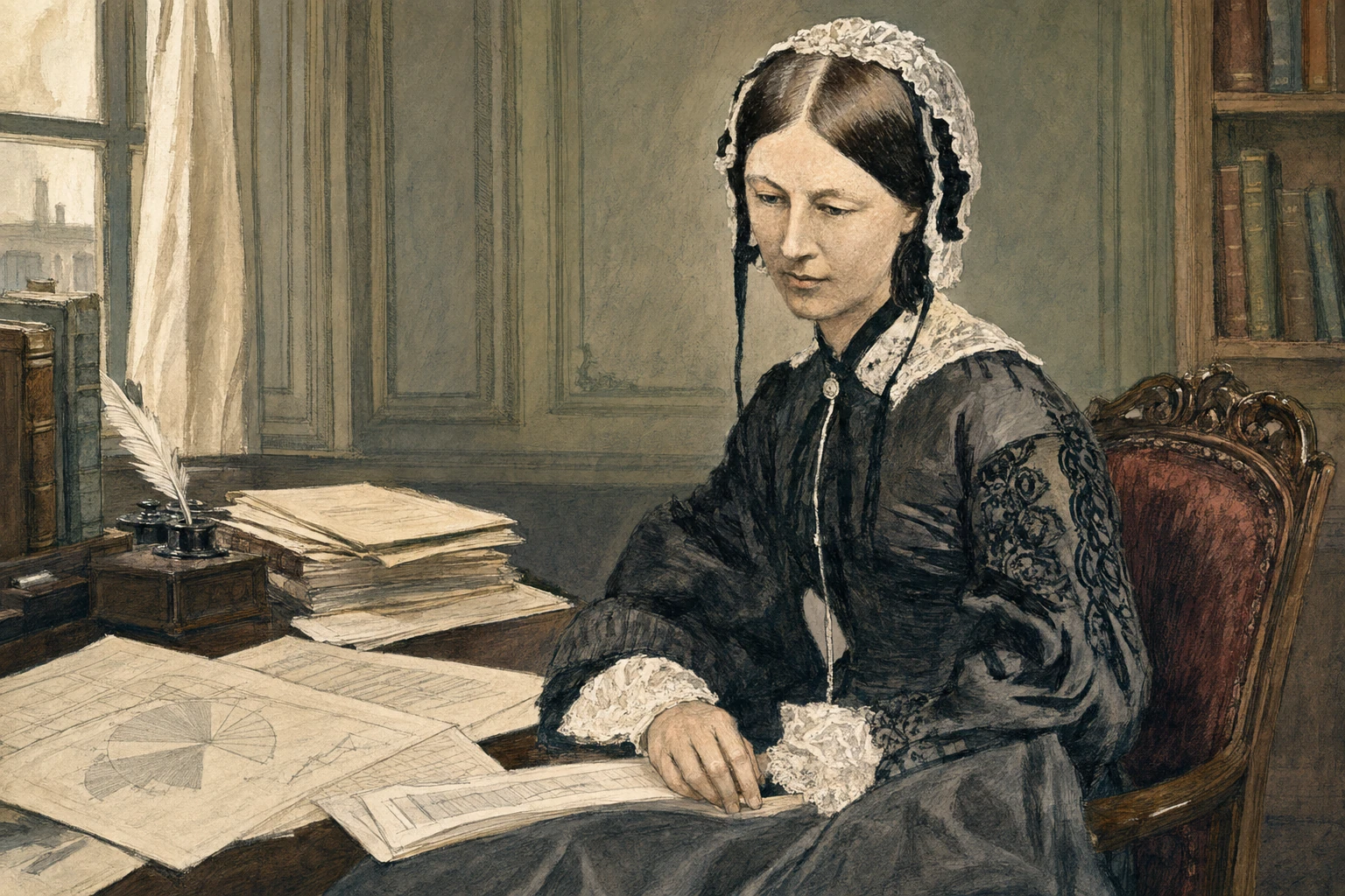KI-generierte Illustration: Florence Nightingale sitzt in viktorianischer Kleidung an einem Schreibtisch mit Berichten und einem radialen Diagramm