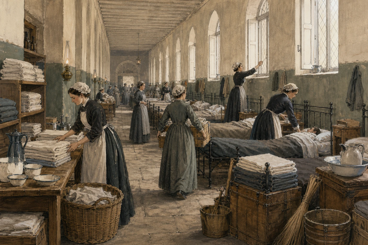 KI-generierte Illustration: Pflegende organisieren Wäsche, Wasser, Vorräte und Versorgung in einem langen Hospitalflur von Scutari