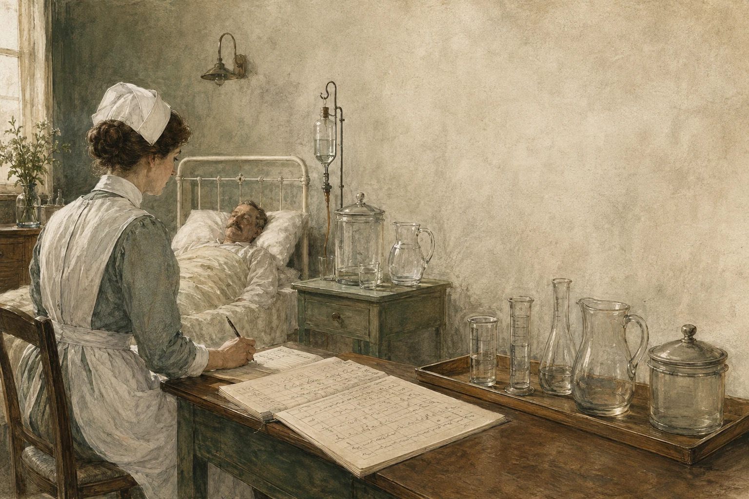 KI-generierte Illustration: Eine historische Pflegeperson dokumentiert neben einem Krankenbett verschiedene gläserne Messgefäße auf einem abstrakten Bilanzblatt