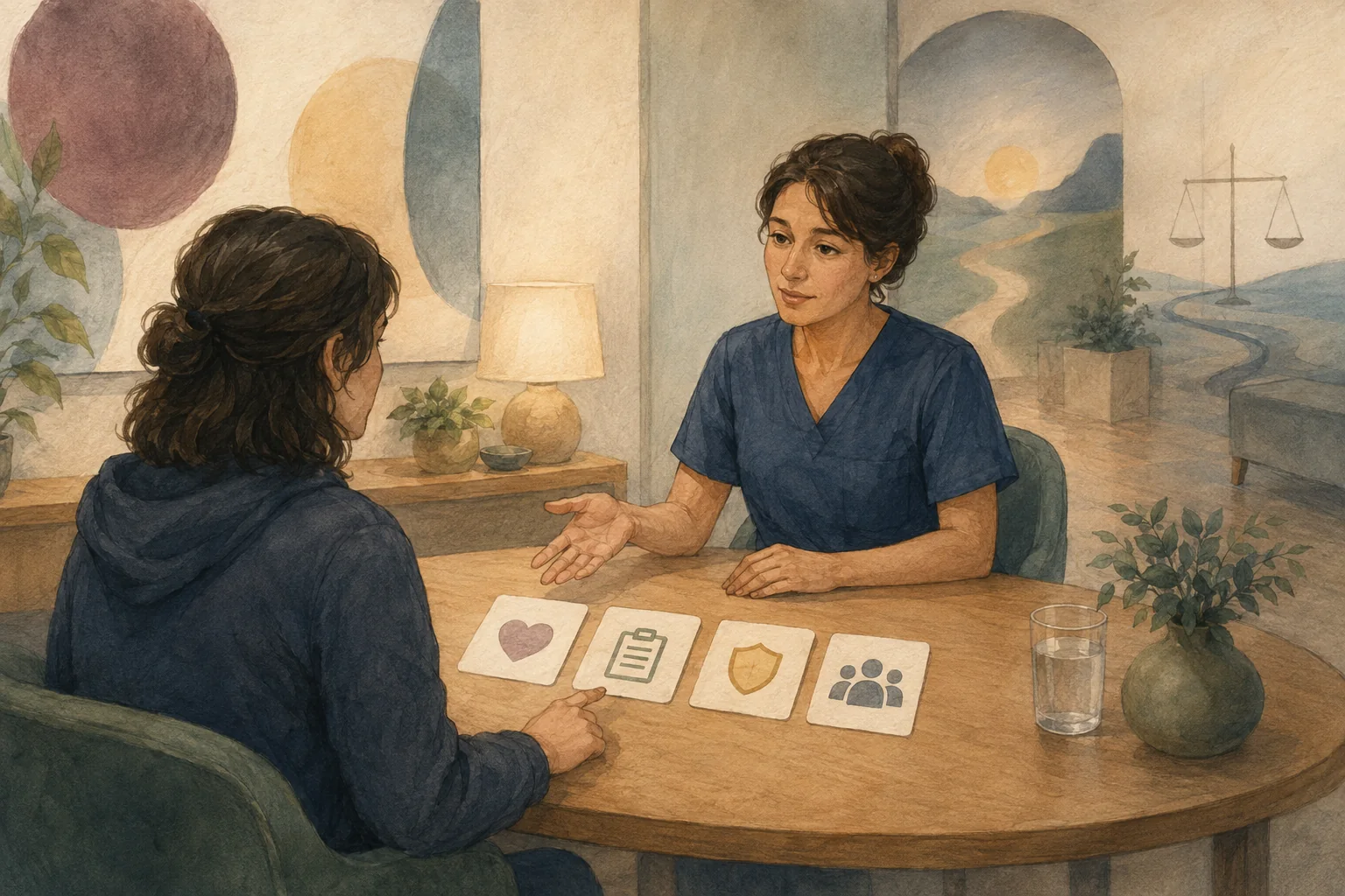 KI-generierte Illustration: Eine fiktive erwachsene Person entscheidet in einem geschützten Raum gemeinsam mit einer Pflegefachperson getrennt über medizinische Hilfe, Dokumentation, Beweissicherung und weitere Kontakte