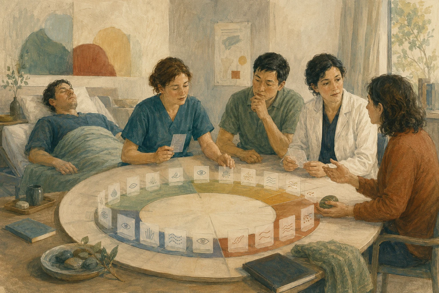 KI-generierte Illustration: In einem fiktiven Frührehabilitationsraum ordnet ein Team mehrere kleine Reaktionsmomente über eine ruhige Zeitleiste, während eine angehörige Person biografisches Wissen beiträgt