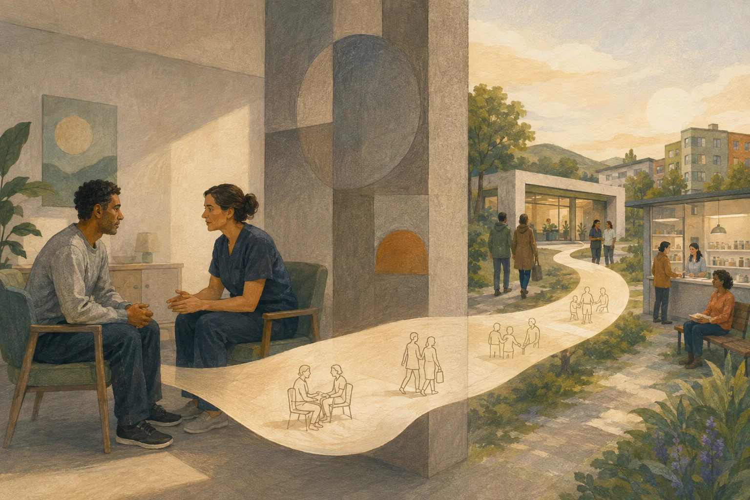 KI-generierte Illustration: Eine fiktive Pflegefachperson führt in einem geschützten Gesundheitsraum ein vertrauliches Gespräch, während ein zusammenhängender Versorgungsweg bis in die Gemeinde nach der Entlassung führt