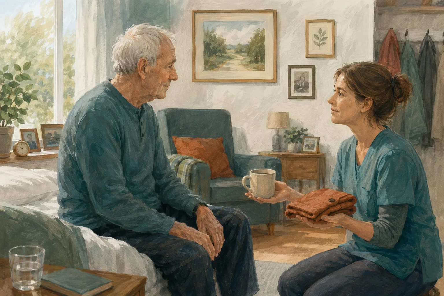 KI-generierte Illustration: Eine fiktive Pflegefachperson begegnet einem älteren Mann auf Augenhöhe und bietet ruhig eine Tasse und ein Kleidungsstück an