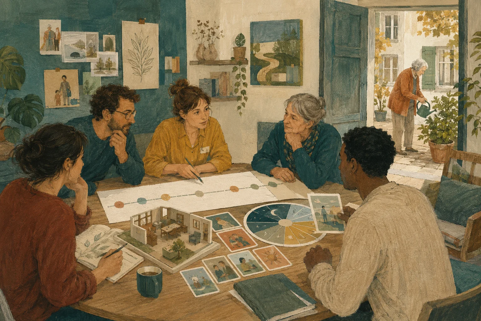 KI-generierte Illustration: Ein fiktives Team und eine Angehörige untersuchen Tagesmuster, Biografie und Umgebung, während die ältere Person selbst im Garten sichtbar bleibt