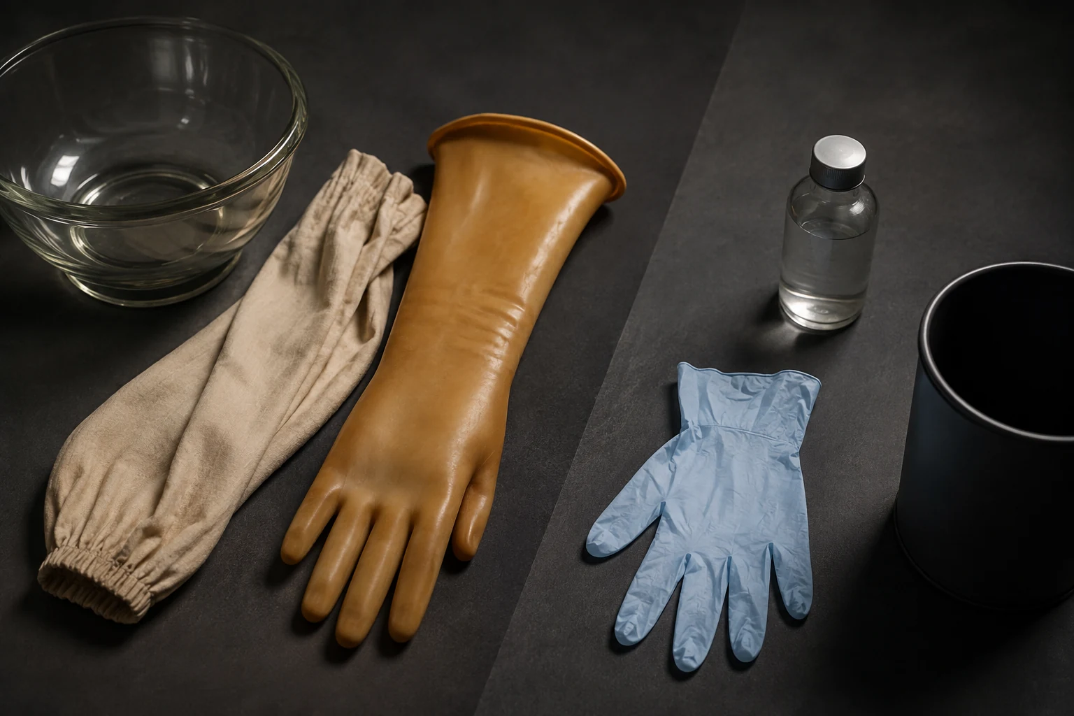 KI-generierte Illustration: Ein frei erfundener langstulpiger Gummihandschuh mit Glasschale liegt einem modernen dünnen Einmalhandschuh, einer neutralen Flasche und einem Abwurf gegenüber