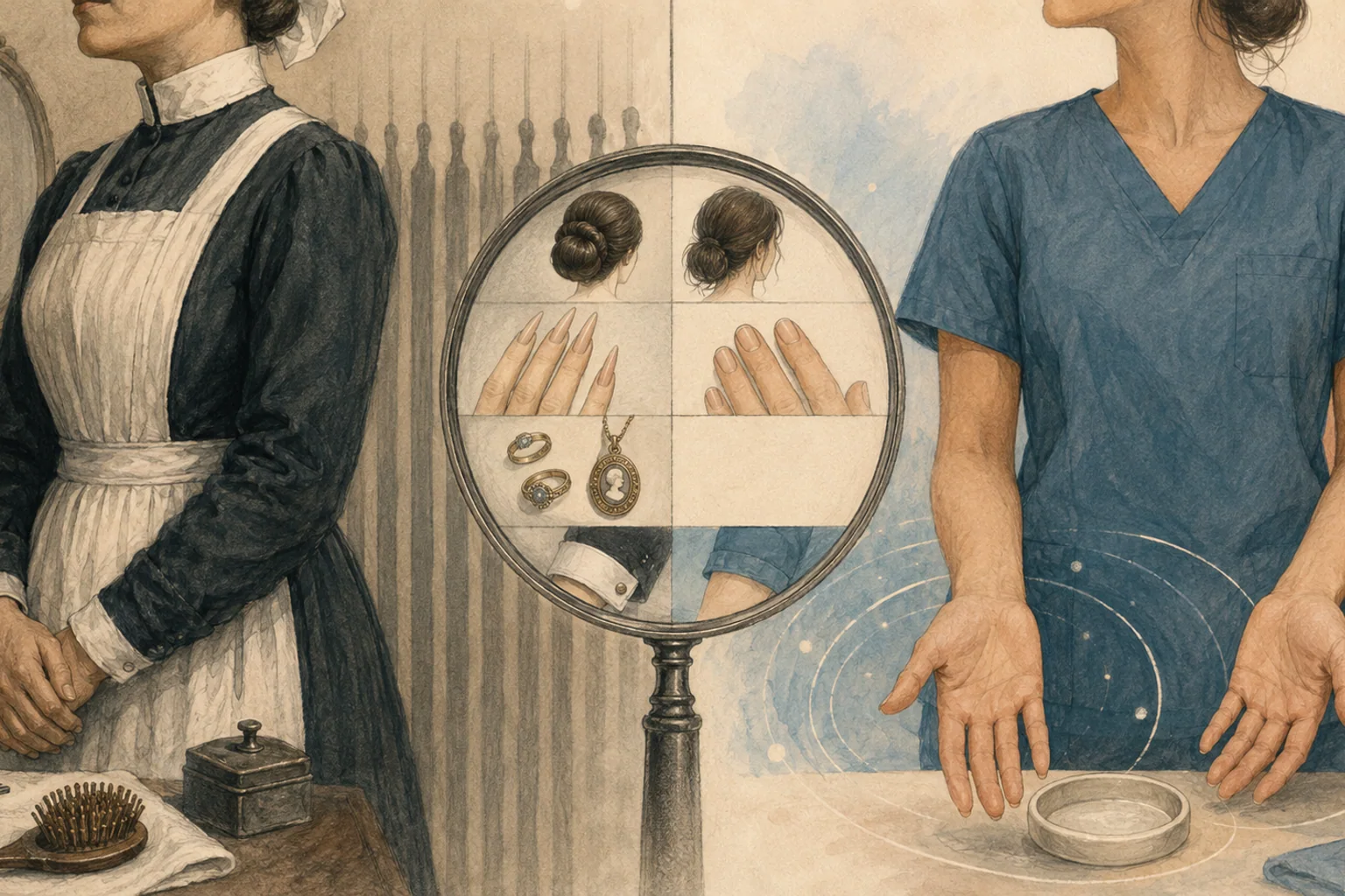 KI-generierte Illustration: Historische und heutige Arbeitskleidung rahmen eine Lupe mit langen und kurzen Nägeln, Schmuck, Frisuren und Ärmeldetails
