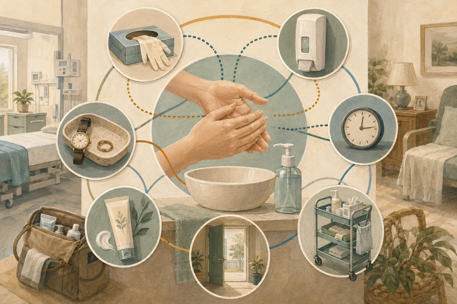 KI-generierte Illustration: Anonyme Hände, Waschplatz, Desinfektionsmittel, Handschuhe, Hautpflege und mobile Pflegetasche bilden ein System der Händehygiene