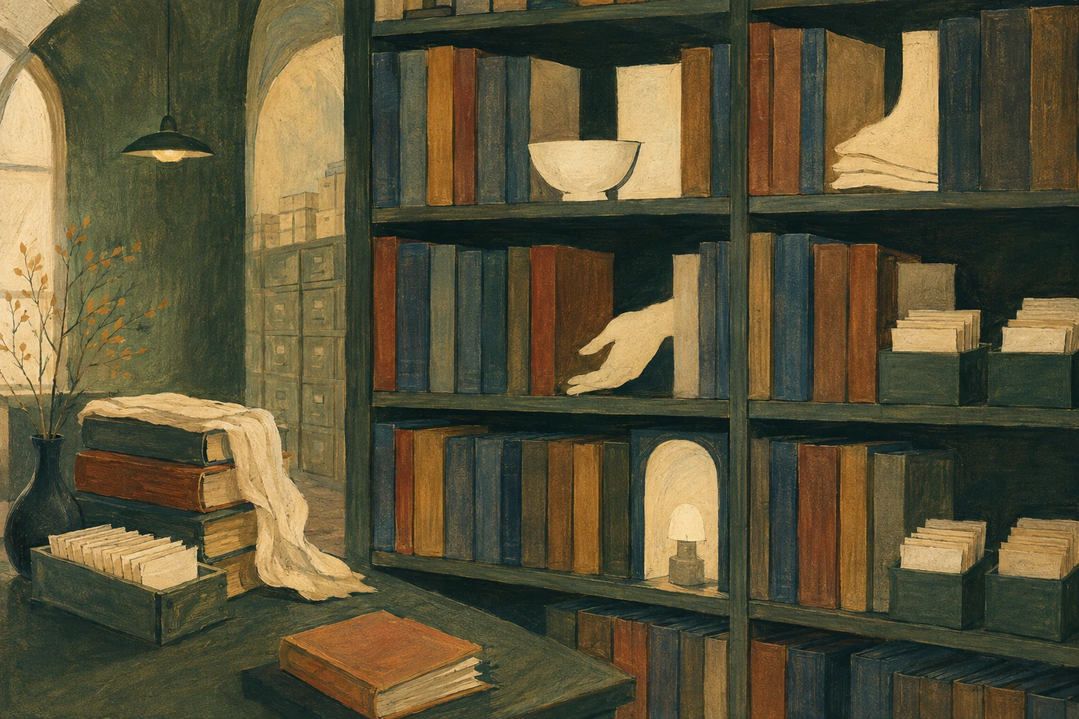 KI-generierte Illustration: In einem fiktiven Archivregal bleiben zwischen großen unbeschrifteten Bänden ausgesparte Formen von Schale, Tuch, Hand und Nachtlicht sichtbar