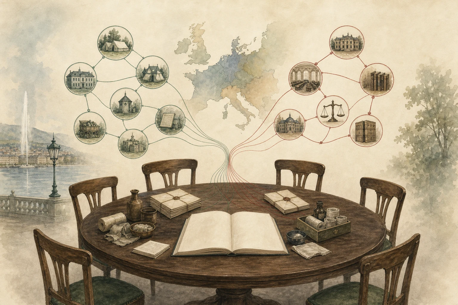 KI-generierte Illustration: Ein leerer runder Konferenztisch, unbeschriftete Unterlagen, medizinische Güter und zwei farbige Netzwerke rahmen eine unbeschriftete Europakarte