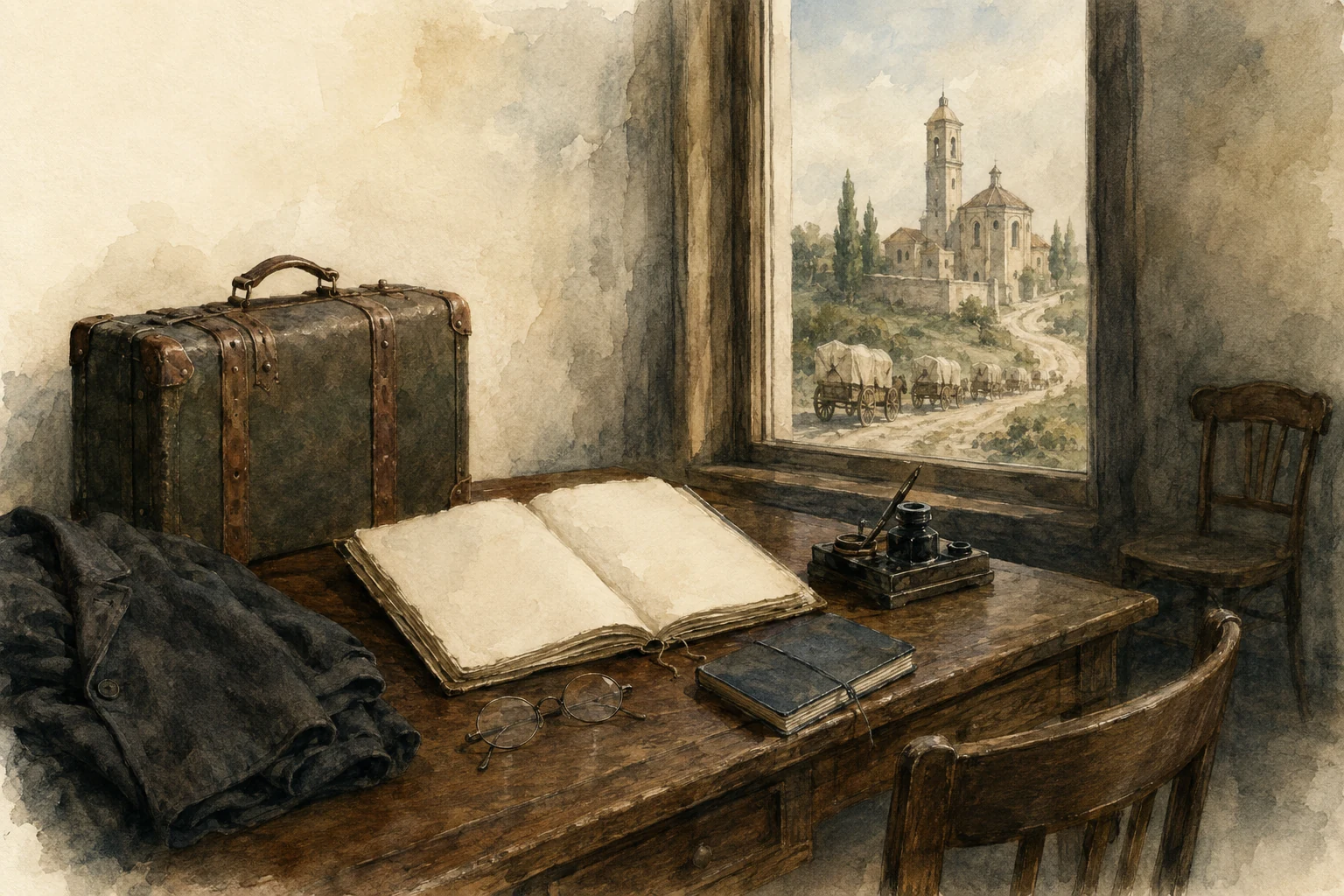 KI-generierte Illustration: Koffer, Mantel, Brille, leeres Manuskript und zwei leere Stühle liegen vor dem Ausblick auf einen erfundenen lombardischen Ort