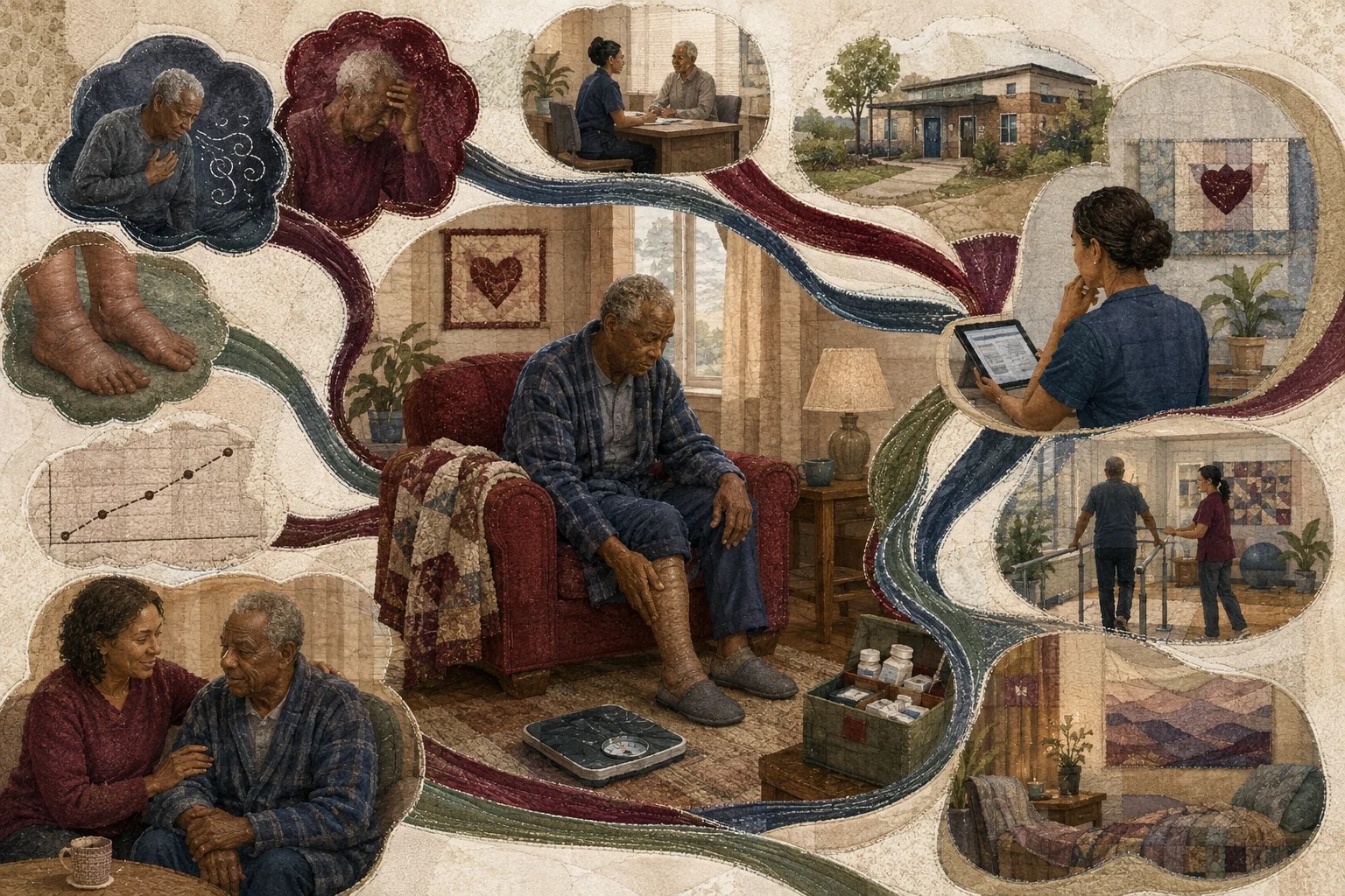 KI-generierte Illustration: Eine fiktive Person beobachtet zuhause Erschöpfung, Atemnot, Schwellung und Gewicht, verbunden mit Pflege, Klinik, Rehabilitation und Unterstützung