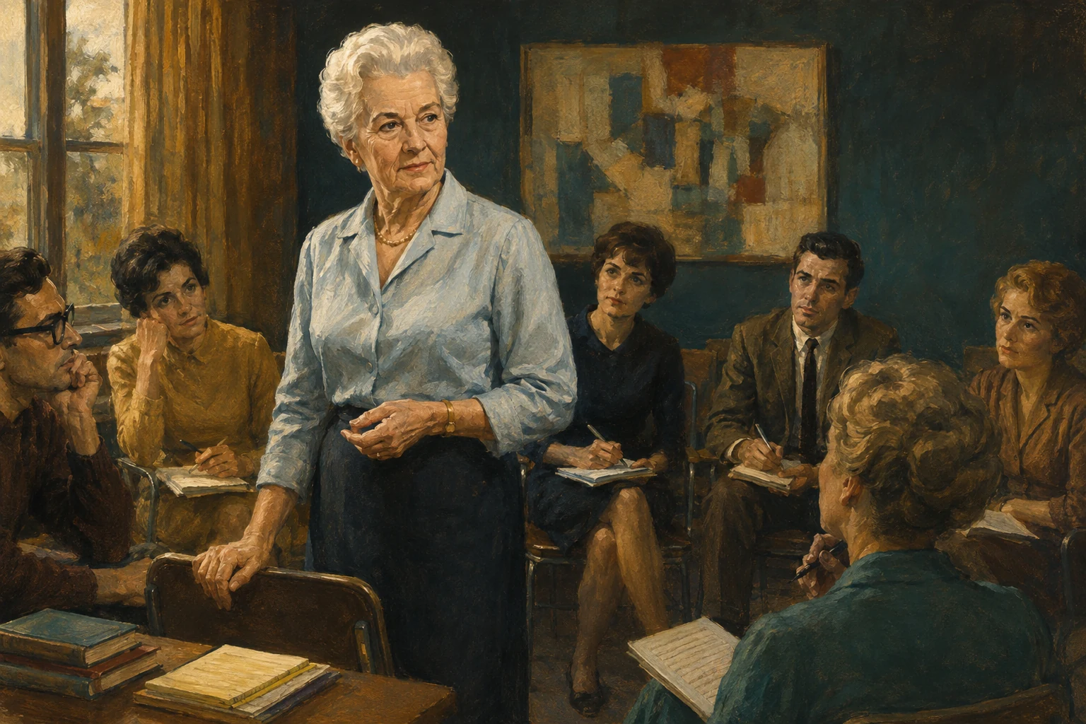 KI-generierte Illustration: Die ältere Hildegard Peplau leitet in heller Bluse ein Seminar mit Pflegefachpersonen