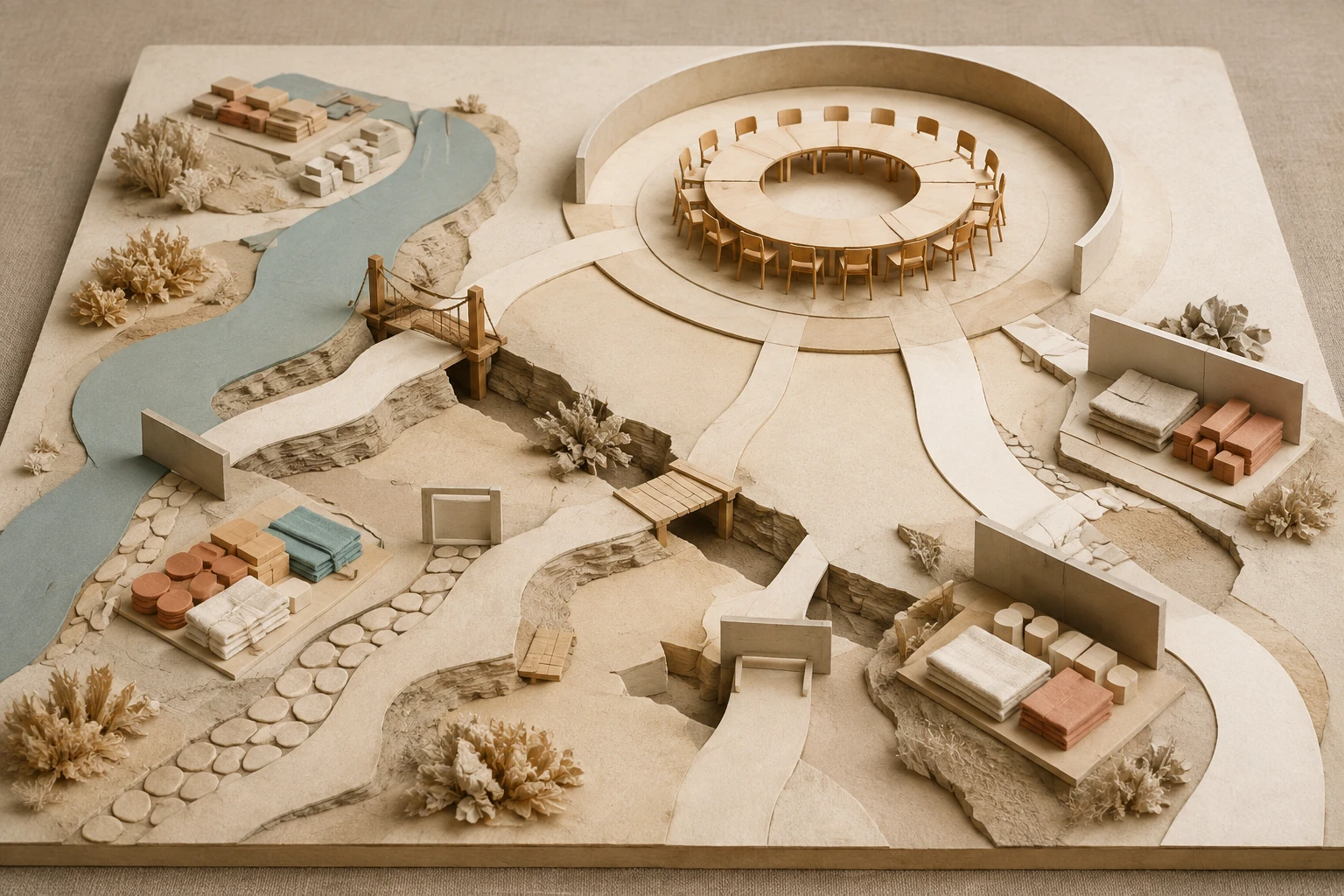 KI-generierte Illustration: Mehrere Wege unterschiedlicher Länge führen zu einem gemeinsamen Forum, während einige an fehlenden Brücken oder verschlossenen Materialstationen enden