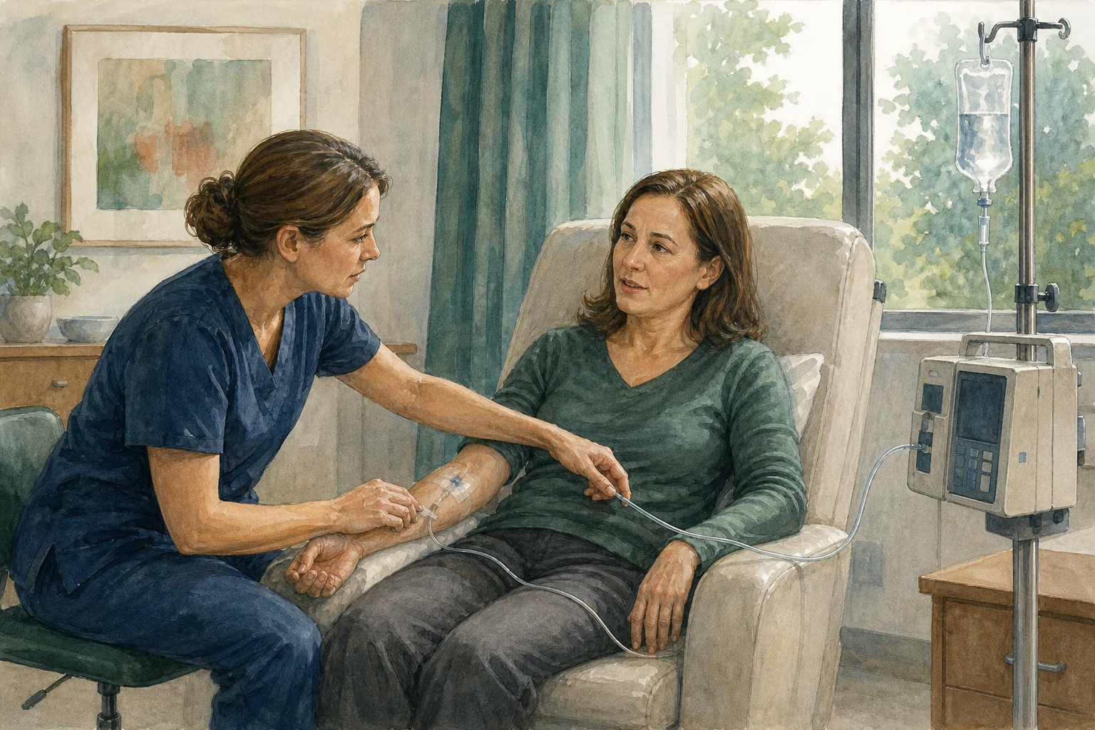 KI-generierte Illustration: Eine Pflegefachperson betrachtet bei einer sitzenden Patientin zugleich den peripheren Zugang, die Leitung und eine unbeschriftete Infusionspumpe