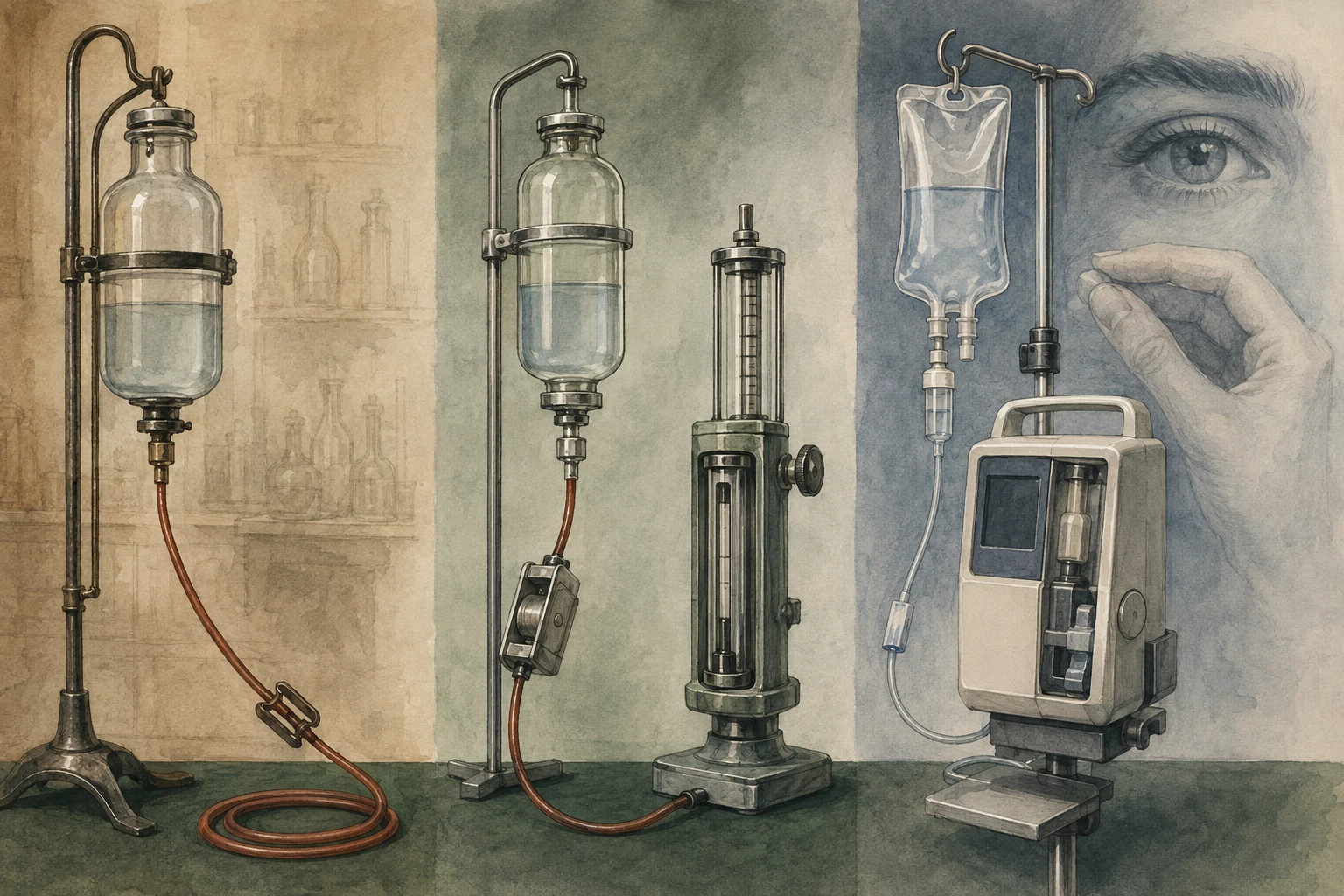 KI-generierte Illustration: Glasflasche am Schwerkraftsystem, mechanischer Flussregler und moderne Infusionspumpe gehen in einer Zeitfolge ineinander über