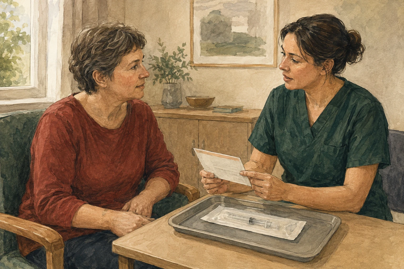 KI-generierte Illustration: Eine Pflegefachperson und eine sitzende Patientin besprechen Unterlage und verpackte Spritze vor einer möglichen Injektion