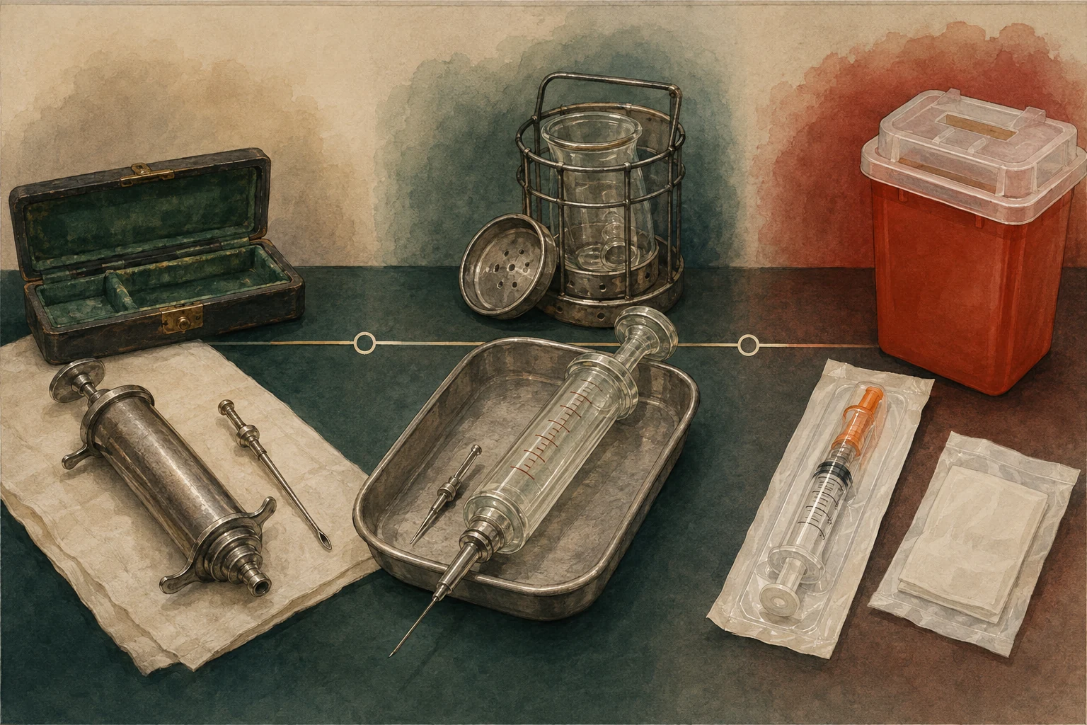 KI-generierte Illustration: Ein frühes Metallinstrument, eine Glasspritze im Aufbereitungssystem und modernes verpacktes Einmalmaterial bilden eine Zeitfolge
