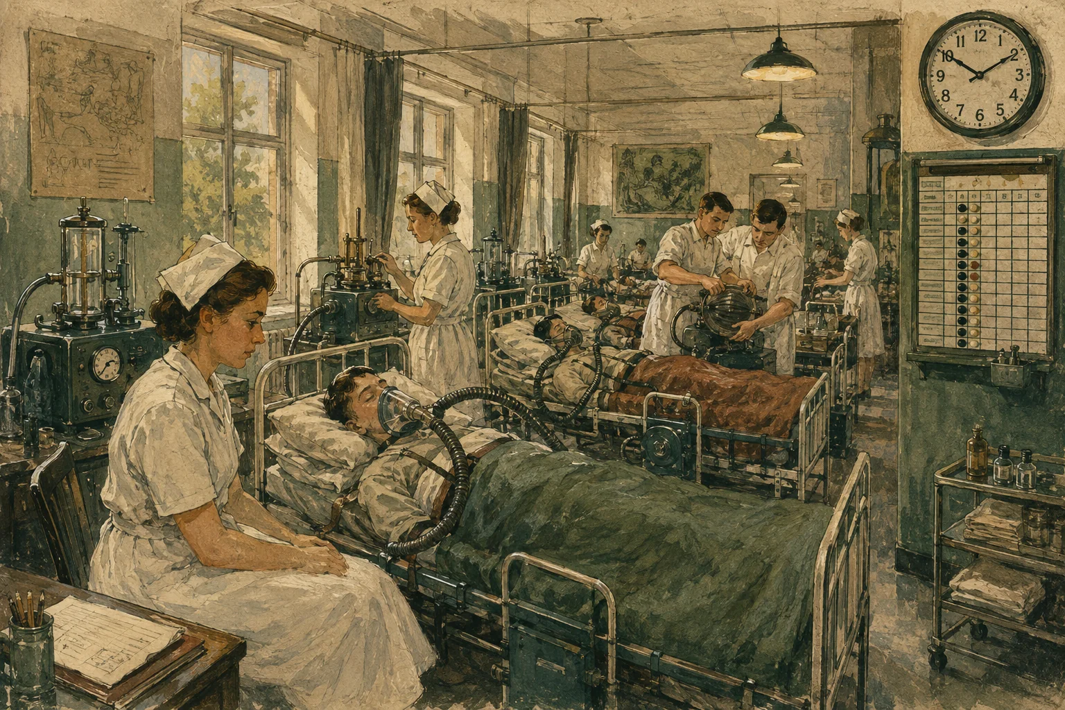 KI-generierte Illustration: Eine frei erfundene Atemstation der 1950er Jahre mit manueller Beatmung, Schichtwechseln und kontinuierlich beobachtenden Pflegepersonen