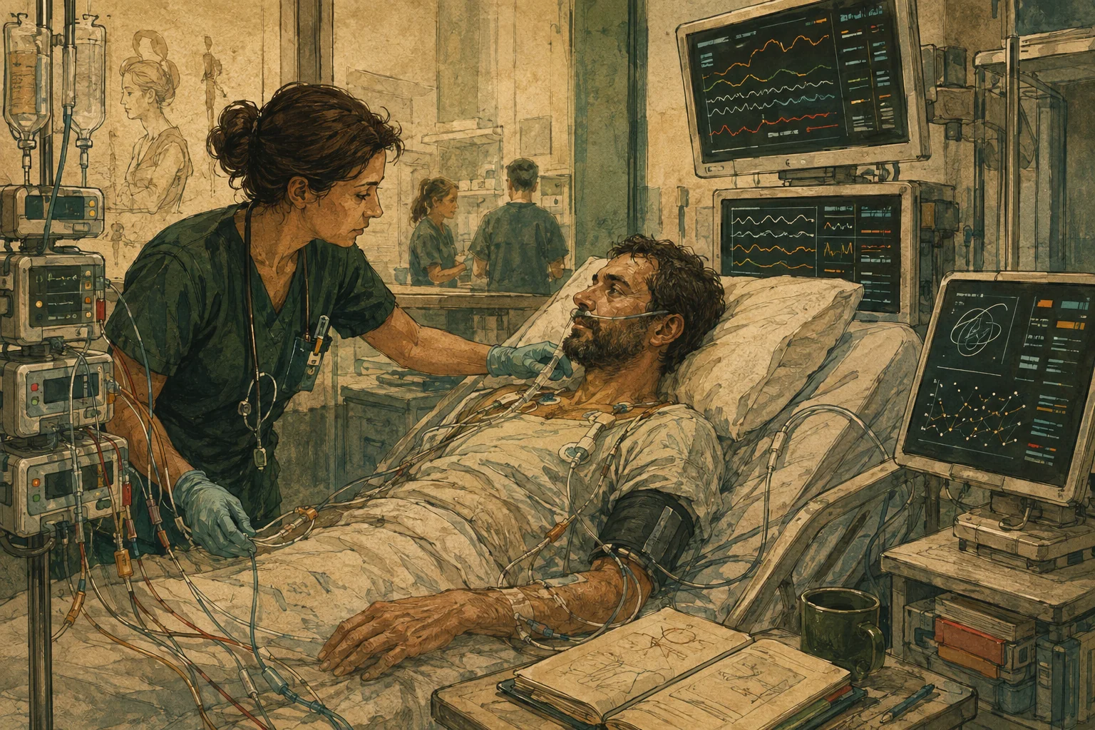 KI-generierte Illustration: Eine fiktive Intensivpflegefachperson verbindet den Blick auf einen wachen Patienten mit abstrakten Monitortrends und mehreren Infusionswegen