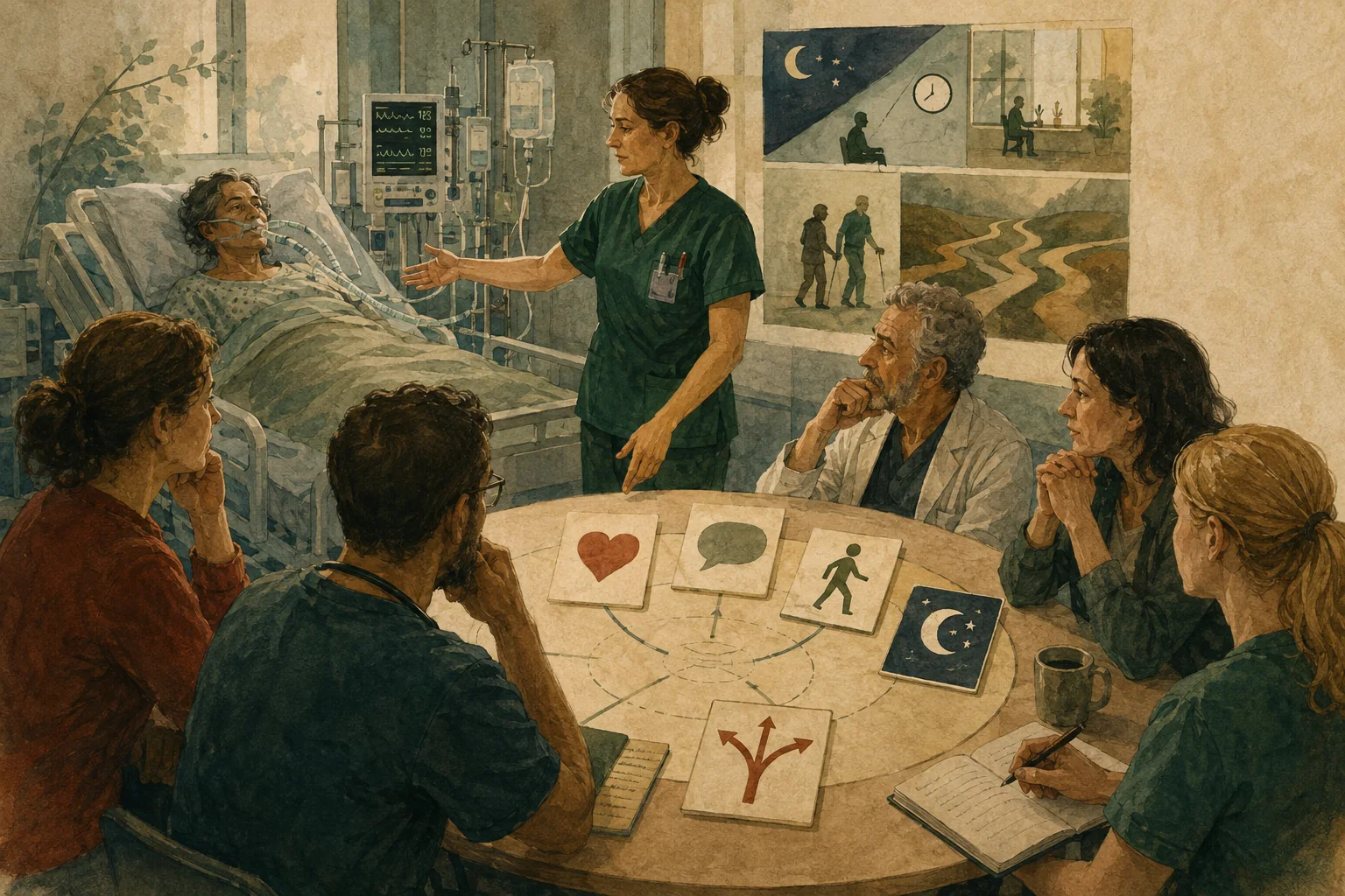 KI-generierte Illustration: Ein fiktives Intensivteam und eine Angehörige besprechen am runden Tisch Therapieziele, während die Patientin sichtbar am Bett bleibt