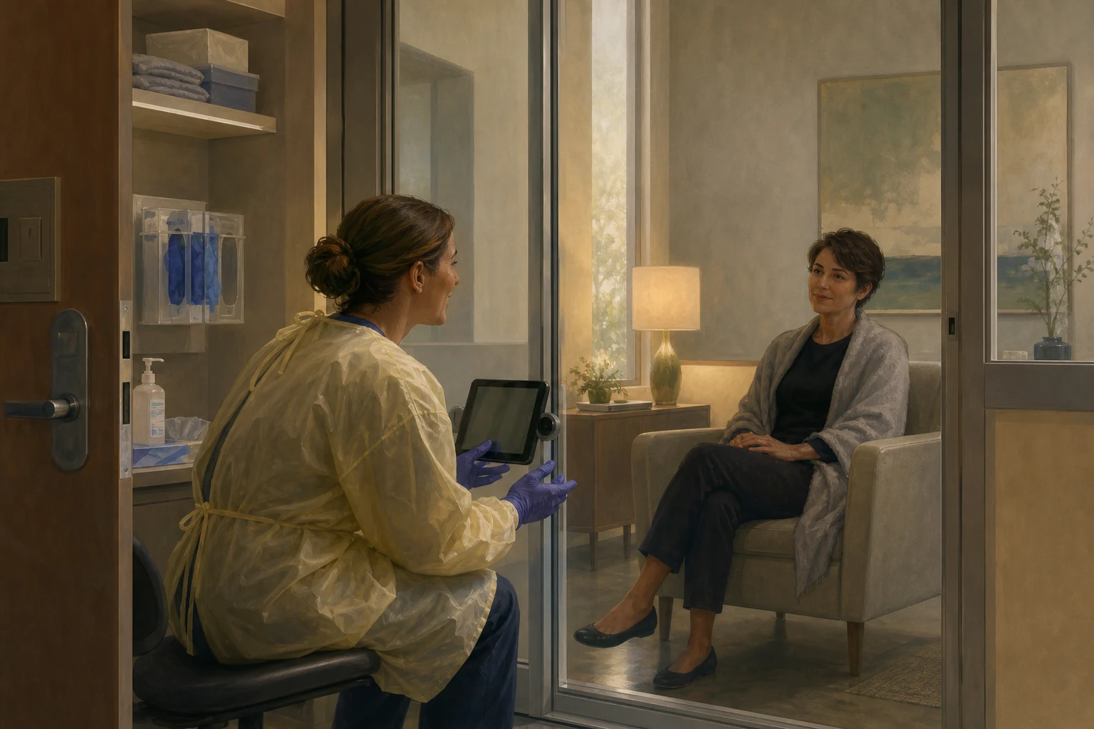 KI-generierte Illustration: Eine fiktive Pflegefachperson spricht an einer offenen Glasschwelle auf Augenhöhe mit einer fiktiven erwachsenen Patientin in einem ruhigen Isolationszimmer