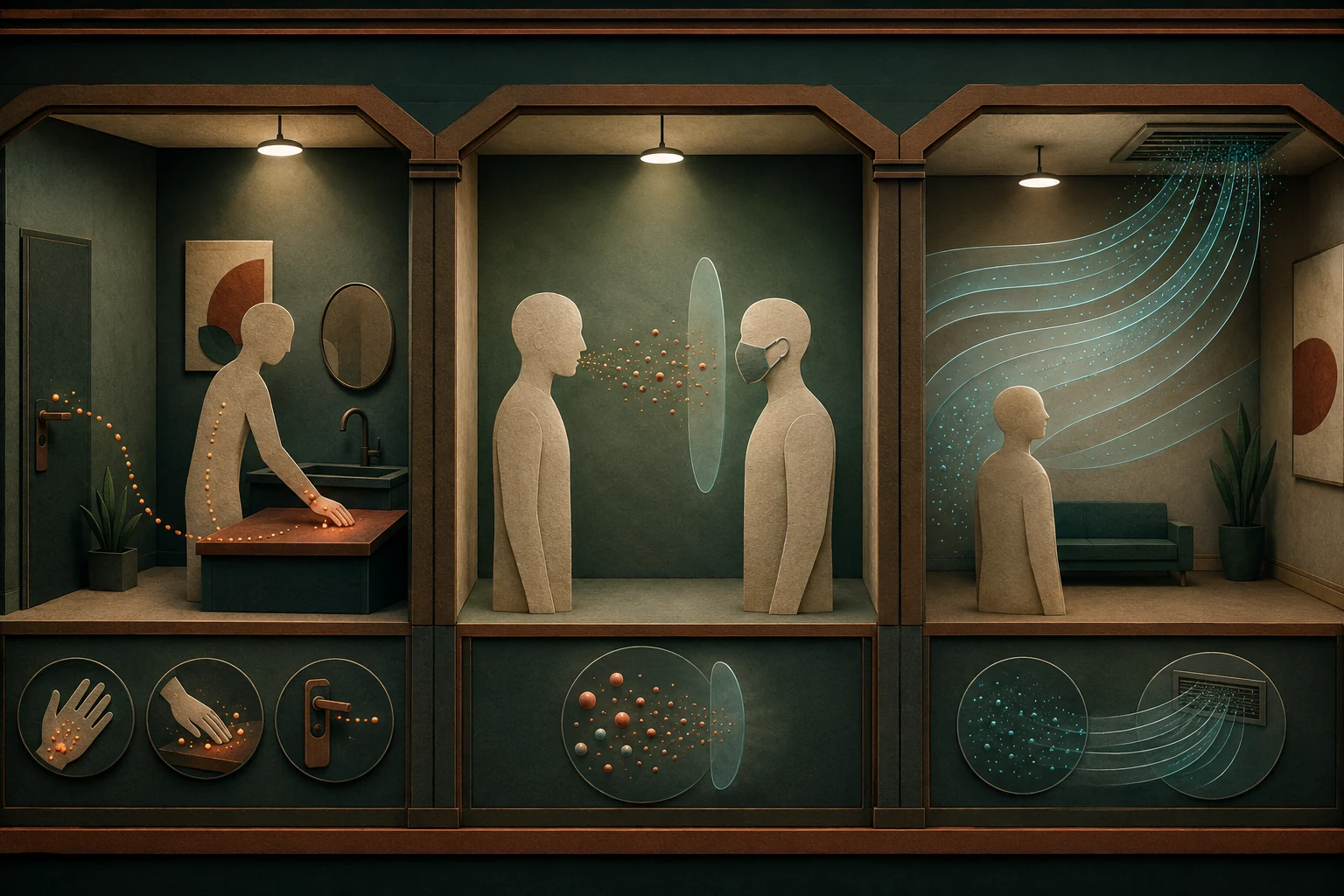 KI-generierte Illustration: Drei frei gestaltete Museumsbühnen zeigen Kontaktspuren an Händen und Flächen, Tröpfchen zwischen abstrakten Figuren und feine Partikel in einem Luftstrom