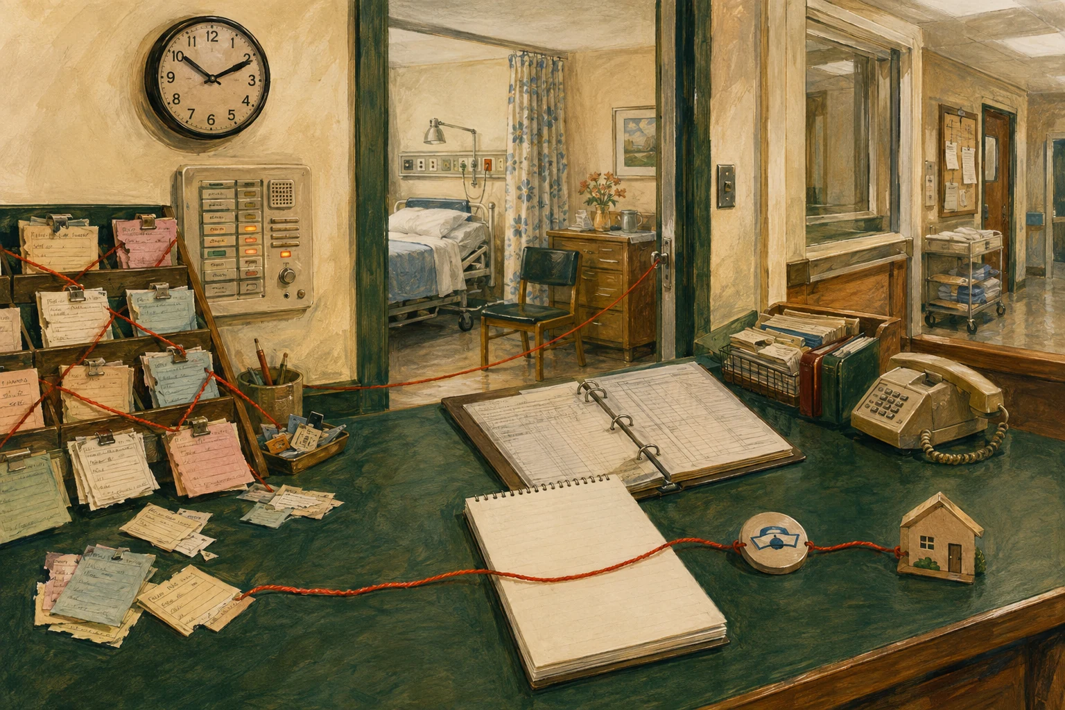 KI-generierte Illustration: Ein fiktiver Stationsarbeitsplatz von 1975 verbindet Patientenzimmer, Pflegeplanung, Vertretung und Entlassung mit einem roten Faden