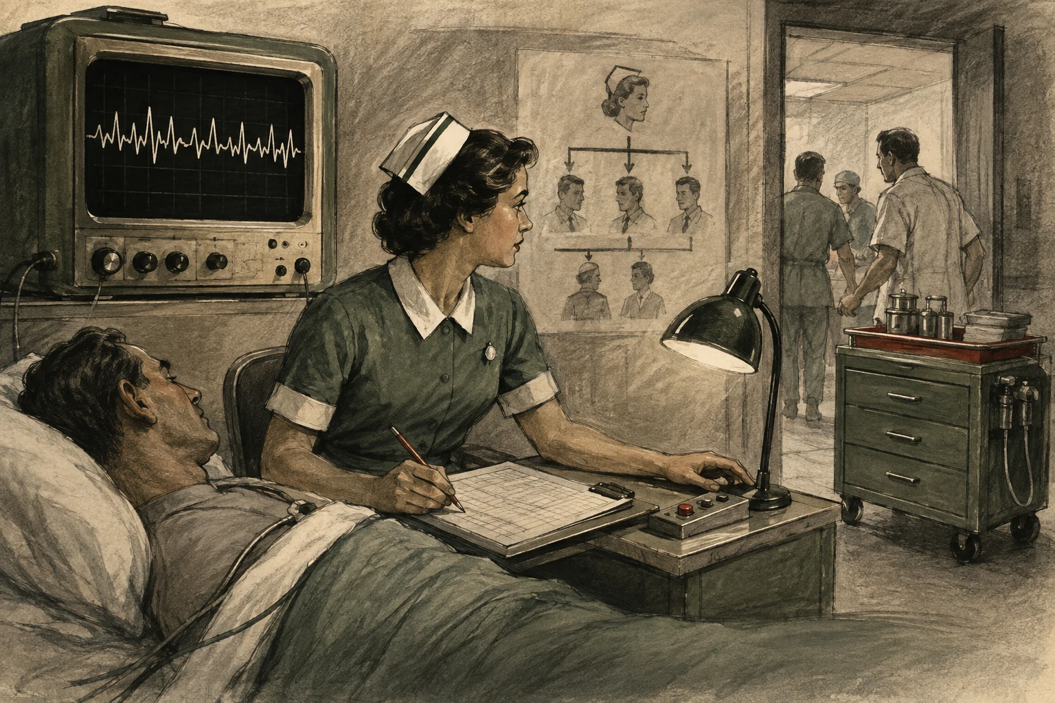 KI-generierte Illustration: Eine fiktive Pflegefachperson beobachtet in einer Koronarstation der frühen 1960er Jahre Patient, abstrakte Rhythmusspur und bereitstehendes Team
