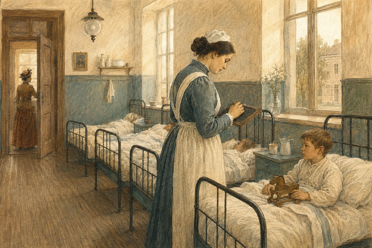 KI-generierte Illustration: Eine frei erfundene historische Kinderstation mit geordneten Bettreihen, Pflegepersonen und einem Elternteil an der Tür