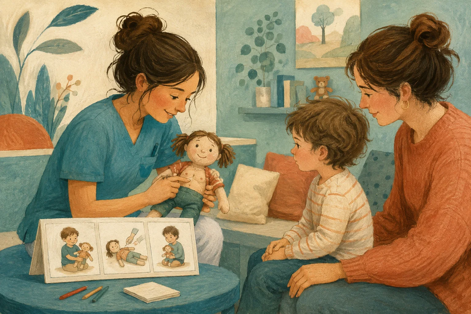 KI-generierte Illustration: Eine fiktive Pflegefachperson erklärt einem Kind mit Puppe und Bildfolge einen bevorstehenden Eingriff