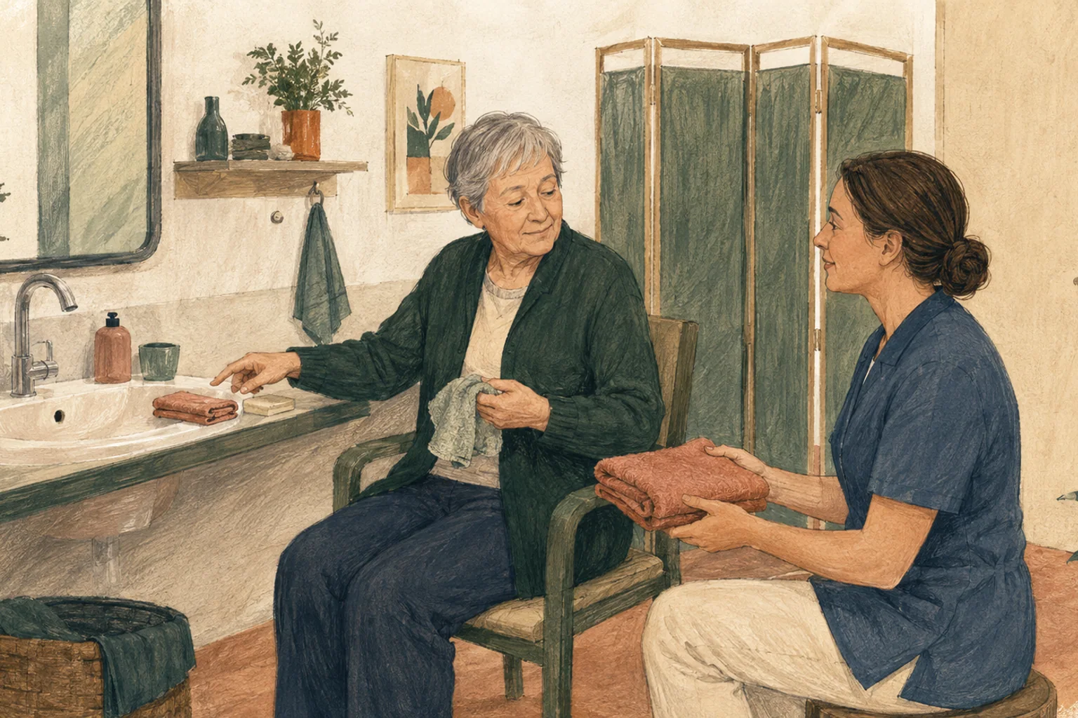 KI-generierte Illustration: Eine ältere Person hält am Waschplatz selbst einen Waschlappen und wählt ein Utensil, während eine Pflegefachperson auf Augenhöhe wartet