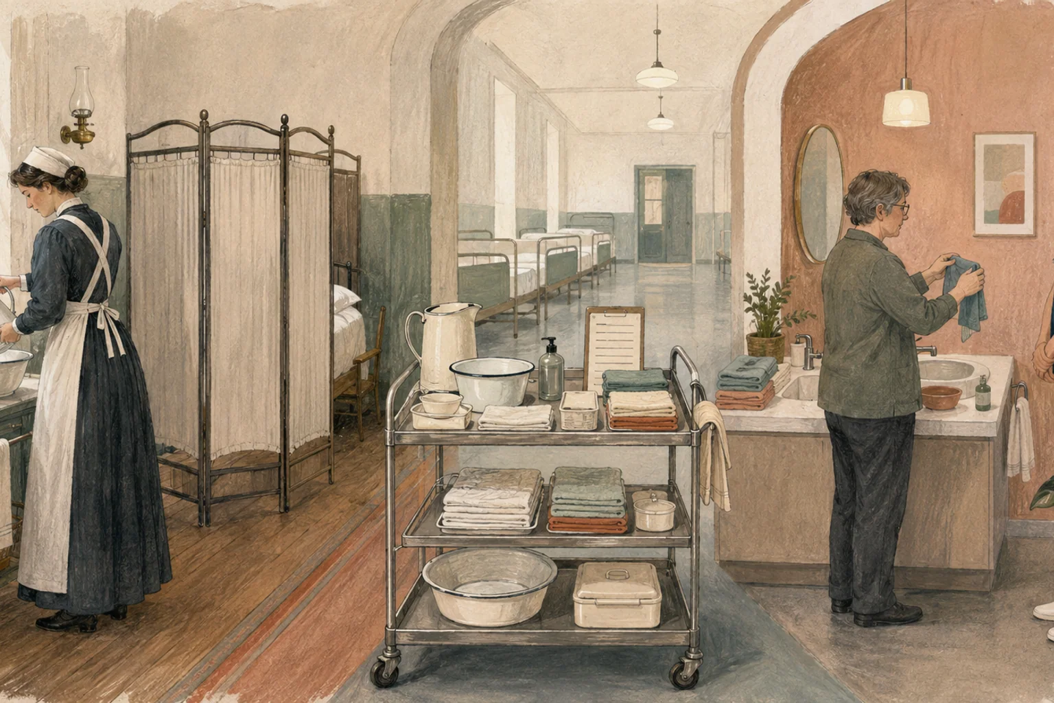 KI-generierte Illustration: Historische Wasserbereitung, ein standardisierter Pflegewagen und eine heutige selbstbestimmte Körperpflege gehen in einem Zeitbild ineinander über