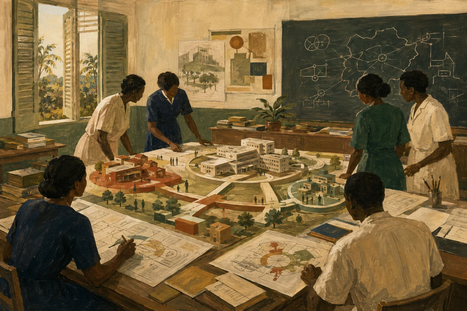 KI-generierte Illustration: In einem fiktiven nigerianischen Besprechungsraum ordnet ein vielfältiges Pflegeteam Ausbildung, Klinik und öffentliche Gesundheit auf einem abstrakten Tischmodell