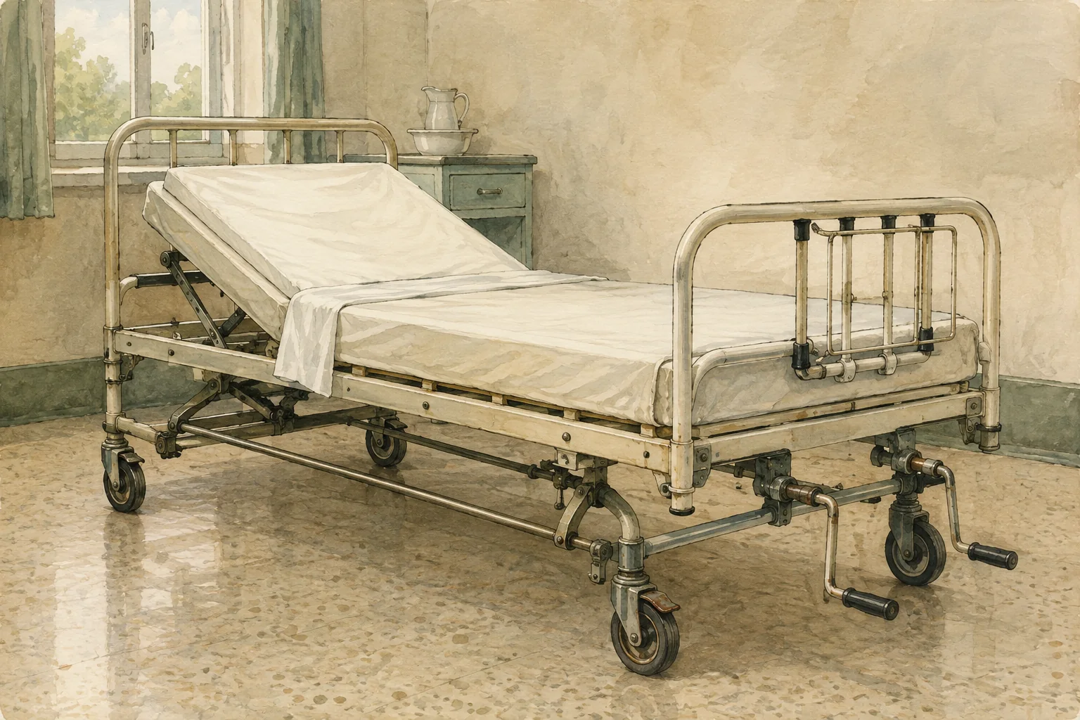 KI-generierte Illustration: Ein leeres Krankenhausbett der Nachkriegszeit zeigt Handkurbeln, Gelenke, Rollen und Bremsen in einer sachlichen Objektstudie