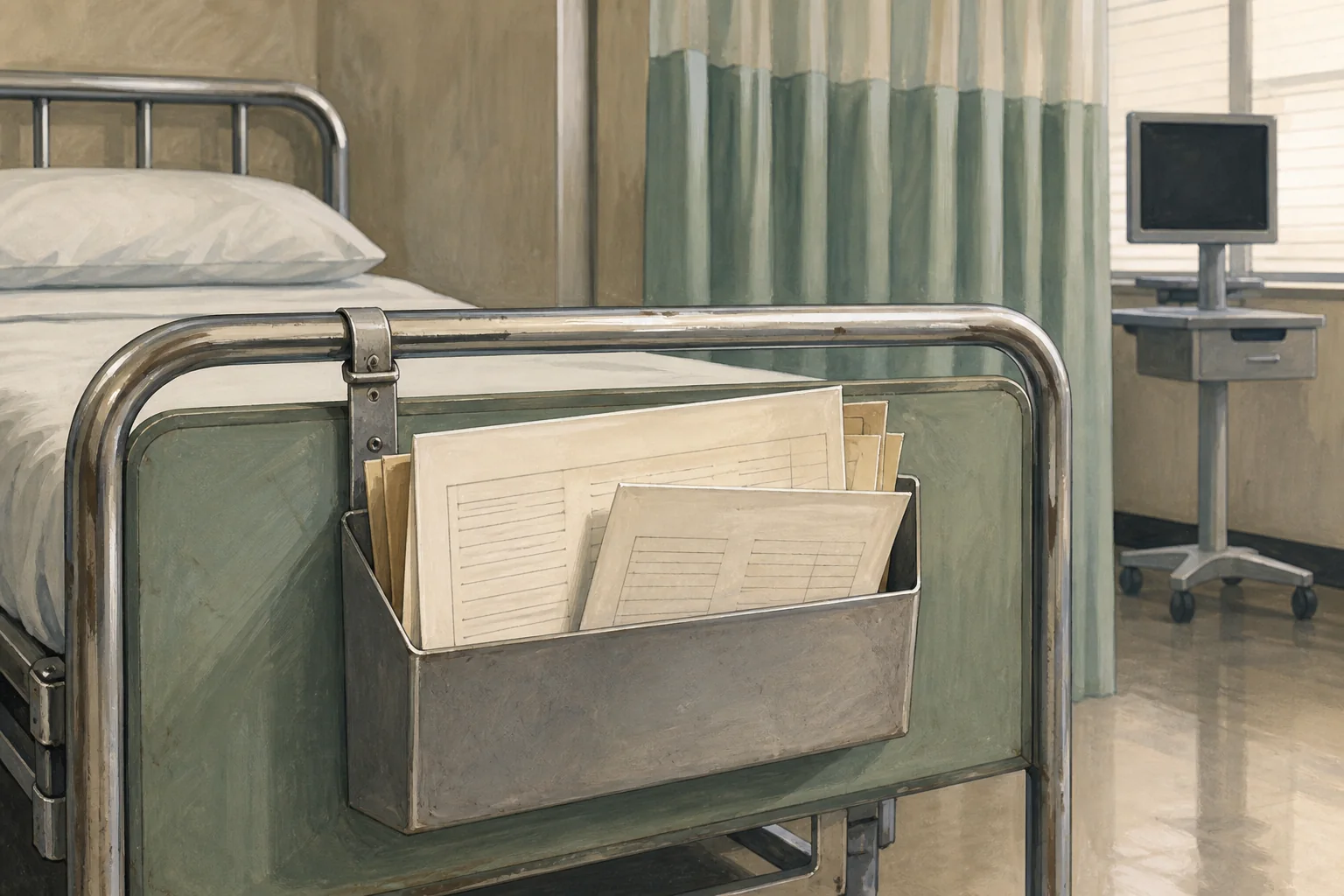 KI-generierte Illustration: Eine leere Dokumententasche am Fußende eines Bettes steht zwischen einem Vorhang und einem entfernten unbeschrifteten Bildschirm