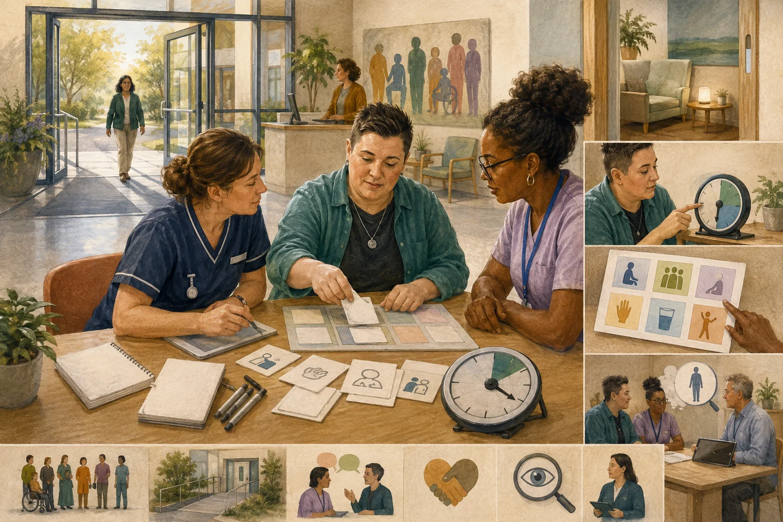 KI-generierte Illustration: Eine fiktive erwachsene Person gestaltet mit einer spezialisierten Pflegefachperson und Bildkarten den Zugang zu einer allgemeinen Gesundheitsambulanz passend
