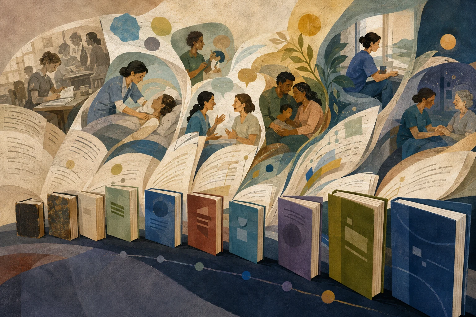 KI-generierte Illustration: Eine Reihe erfundener unbeschrifteter Pflegebücher öffnet sich zu vielfältigen Szenen von Körperpflege, Gespräch, Familie, Selbstsorge und Sterbebegleitung