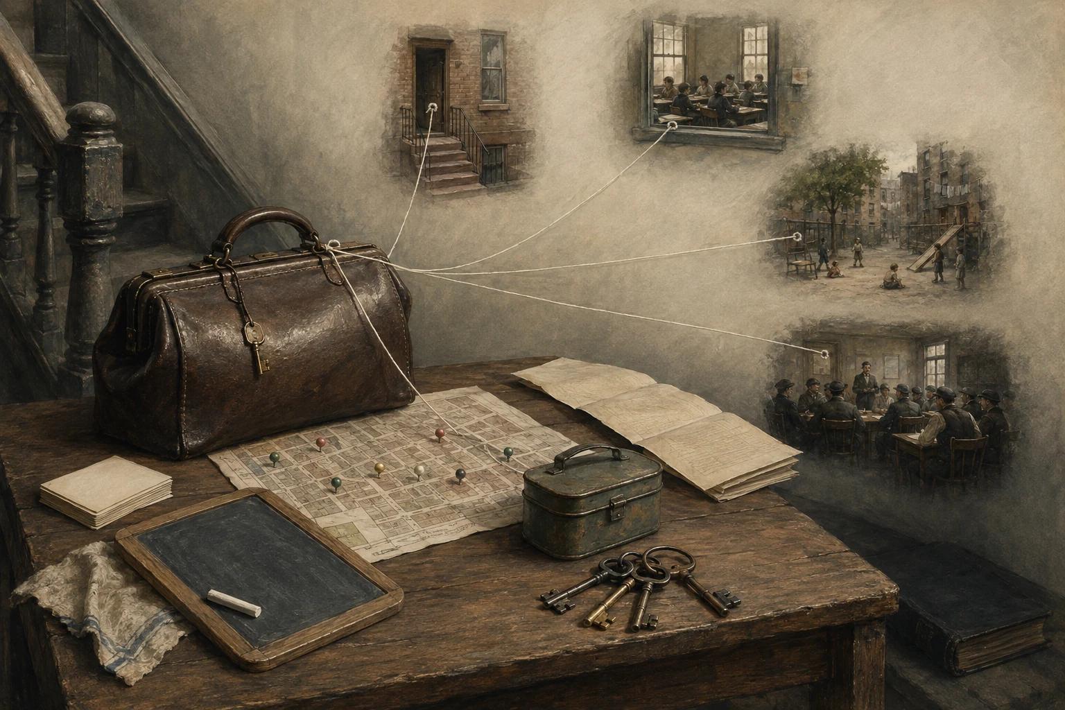 KI-generierte Illustration: Eine historische Pflegetasche, Schlüssel und ein Stadtplan verbinden Arbeiterwohnung, Schule und Spielplatz zu einem Versorgungsnetz