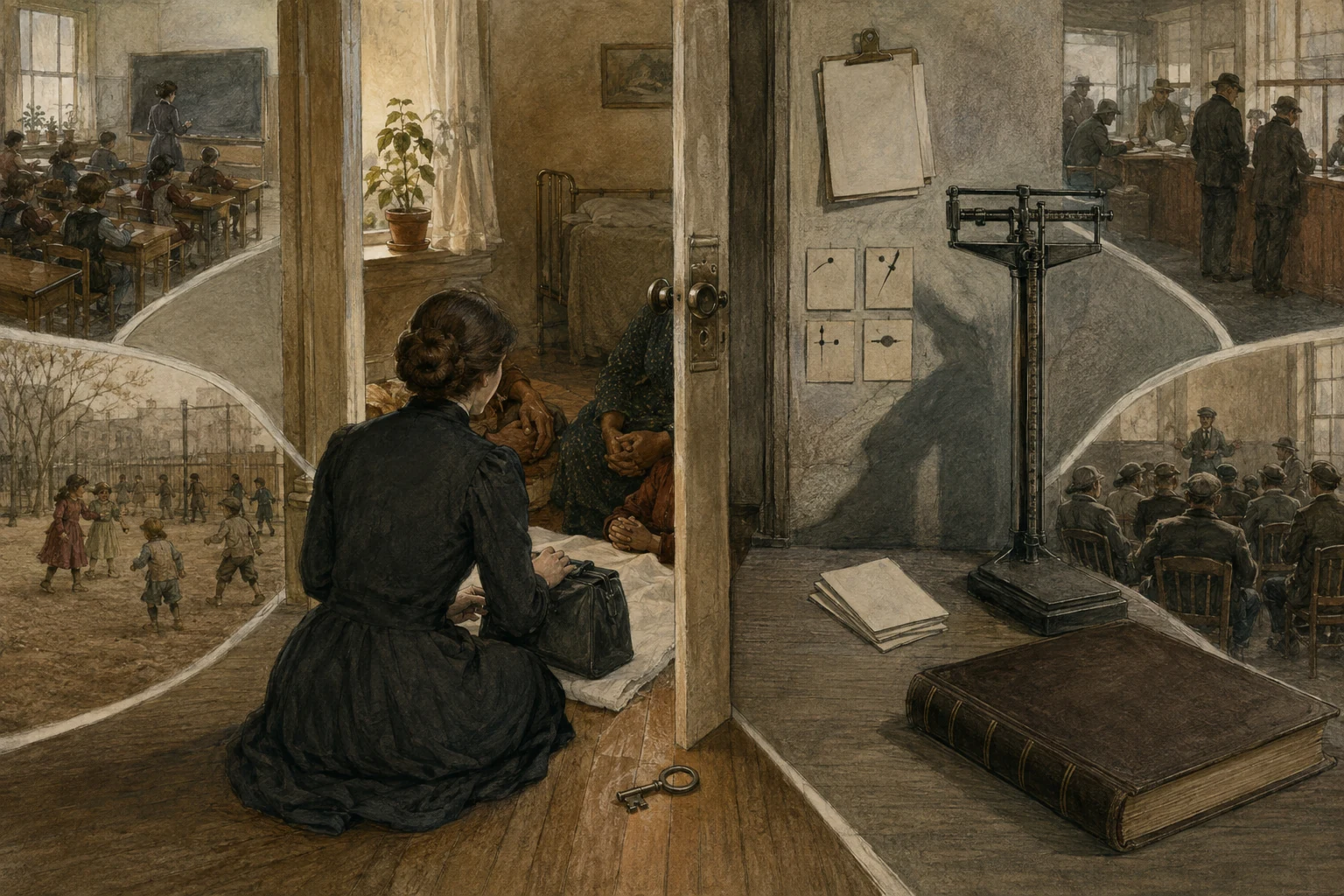 KI-generierte Illustration: Eine Wohnungsschwelle trennt eine unterstützende Hausbesuchsszene von Akten, Waage und institutioneller Beobachtung